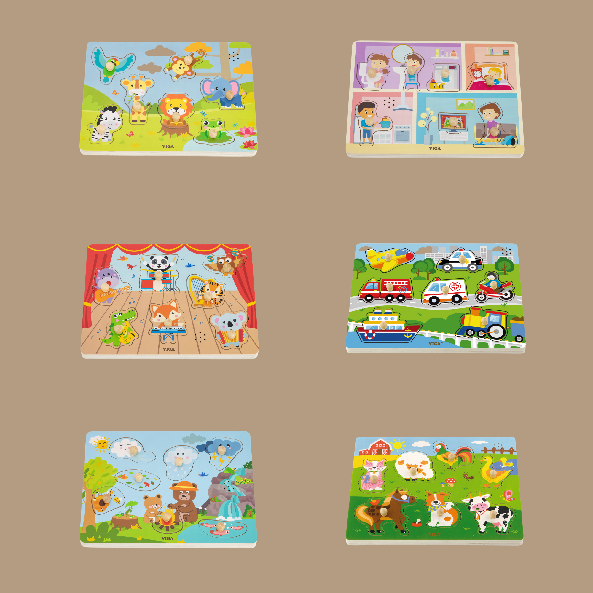 Viga Nature, 7 Piece Knob Puzzle with Sound, Montessori Wooden Toy, Develops Sensory, Cognitive & Fine Motor Skills, Non-Toxic & Eco-friendly Kids Educational Toy, Suitable for Children Aged 18M+