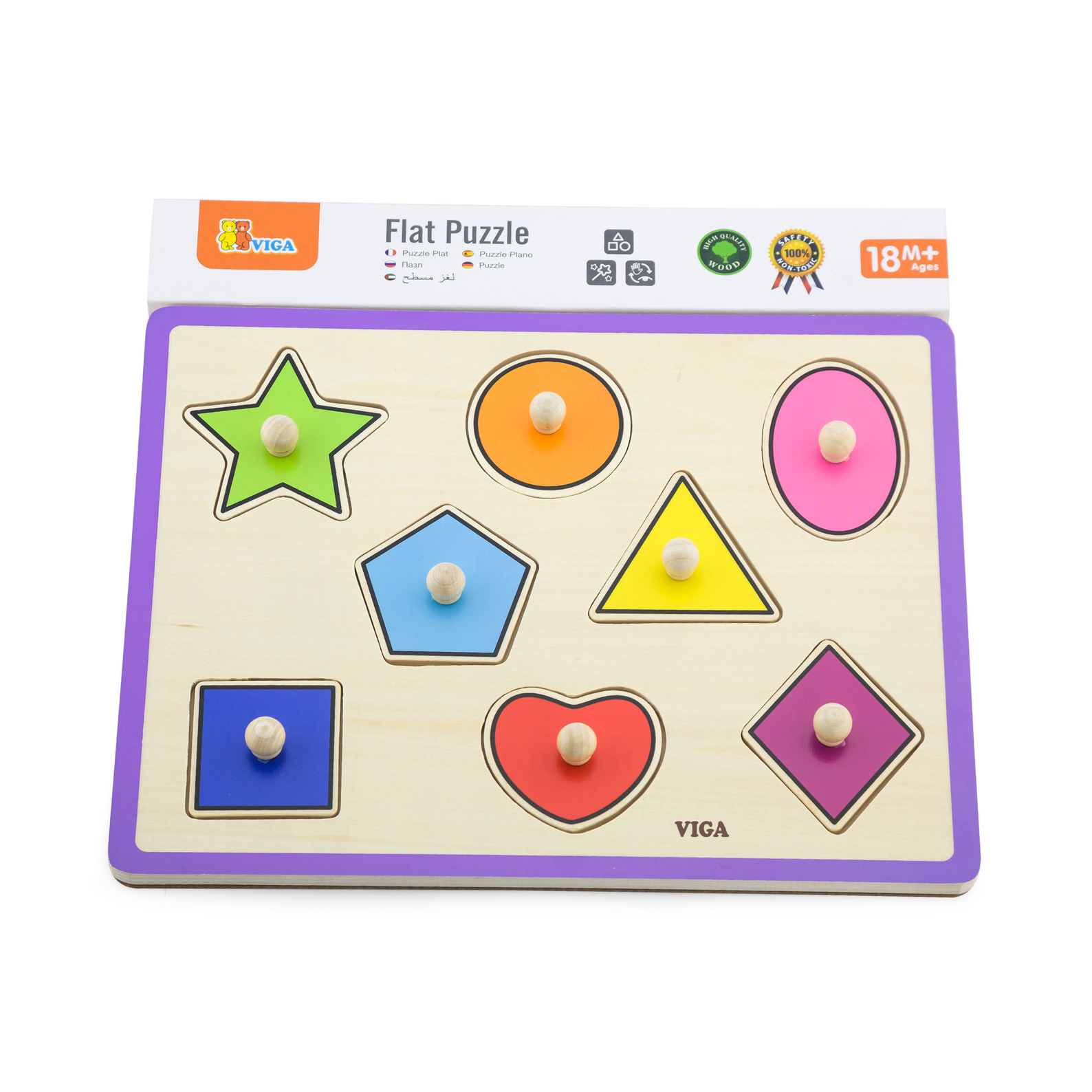Viga Shapes, 8 Piece Knob Puzzle, Montessori Wooden Toy, Develops Sensory, Cognitive & Fine Motor Skills, Non-Toxic & Eco-friendly Kids Educational Toy, Suitable for Boys and Girls Aged 18M+