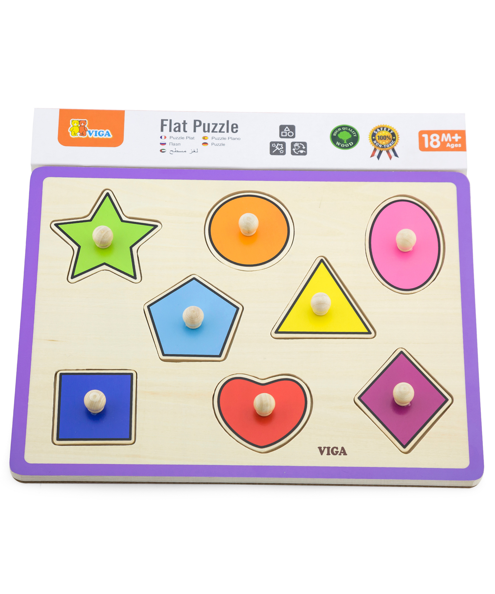 Viga Shapes, 8 Piece Knob Puzzle, Montessori Wooden Toy, Develops Sensory, Cognitive & Fine Motor Skills, Non-Toxic & Eco-friendly Kids Educational Toy, Suitable for Boys and Girls Aged 18M+