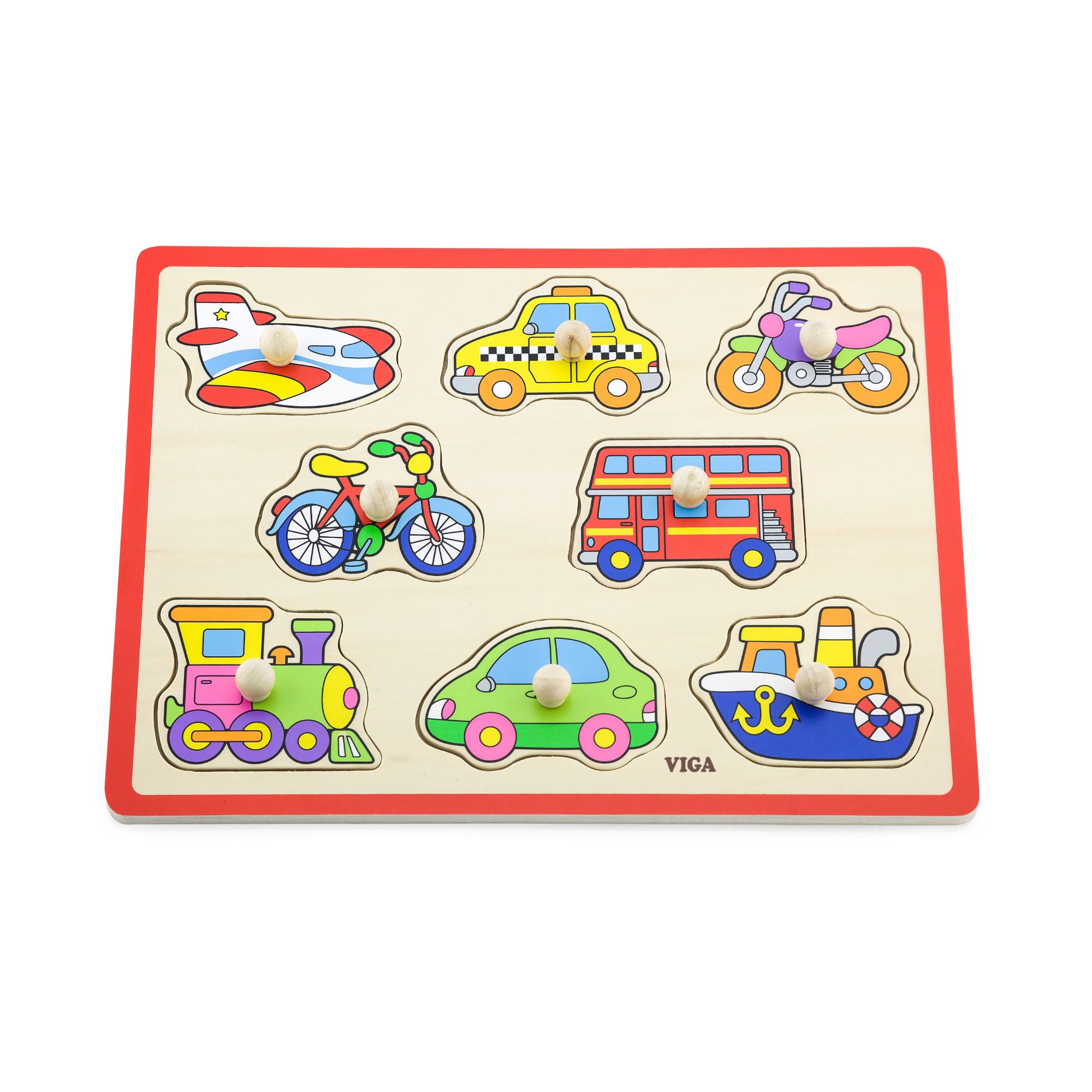 Viga Transports, 8 Piece Knob Puzzle, Montessori Wooden Toy, Develops Sensory, Cognitive & Fine Motor Skills, Non-Toxic & Eco-friendly Kids Educational Toy, Suitable for Boys and Girls Aged 18M+