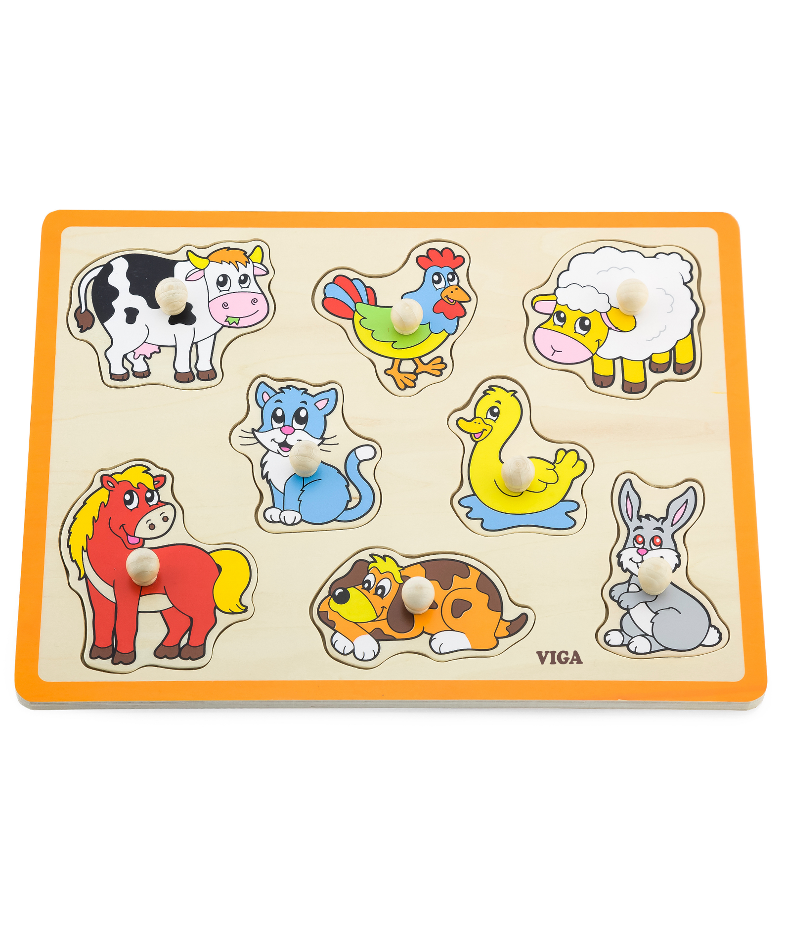 Viga Farm Animals, 8 Piece Knob Puzzle, Montessori Wooden Toy, Develops Sensory, Cognitive & Fine Motor Skills, Non-Toxic & Eco-friendly Kids Educational Toy, Suitable for Boys and Girls Aged 18M+