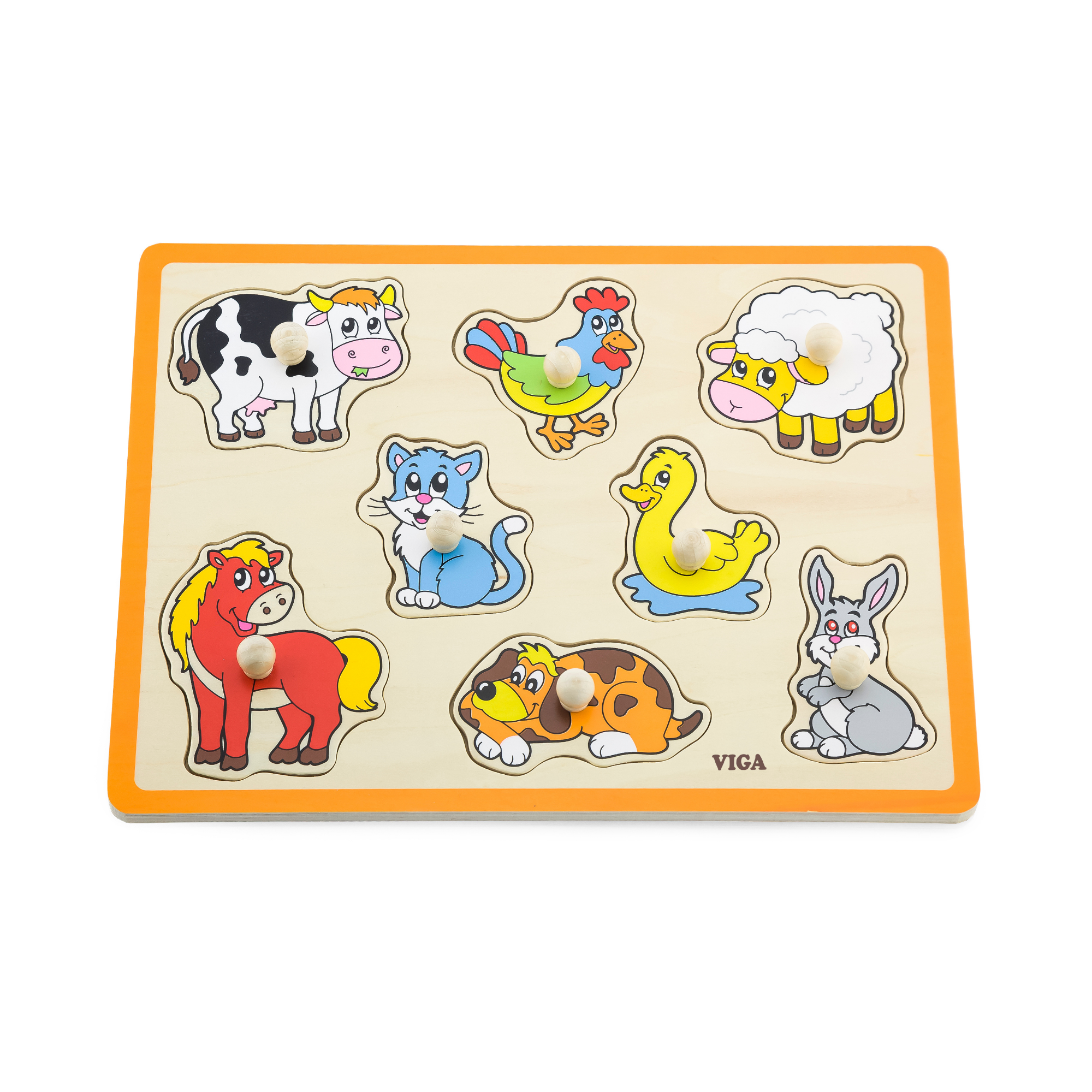 Viga Farm Animals, 8 Piece Knob Puzzle, Montessori Wooden Toy, Develops Sensory, Cognitive & Fine Motor Skills, Non-Toxic & Eco-friendly Kids Educational Toy, Suitable for Boys and Girls Aged 18M+