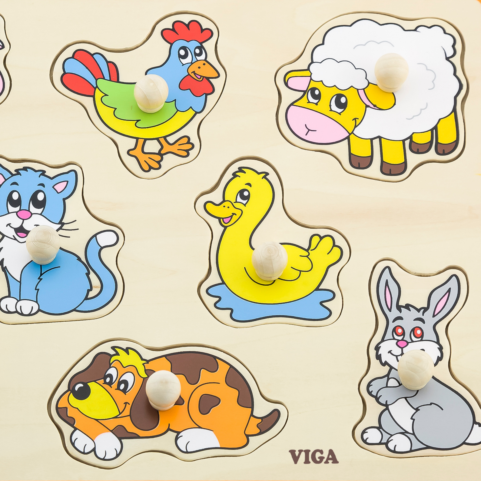 Viga Farm Animals, 8 Piece Knob Puzzle, Montessori Wooden Toy, Develops Sensory, Cognitive & Fine Motor Skills, Non-Toxic & Eco-friendly Kids Educational Toy, Suitable for Boys and Girls Aged 18M+
