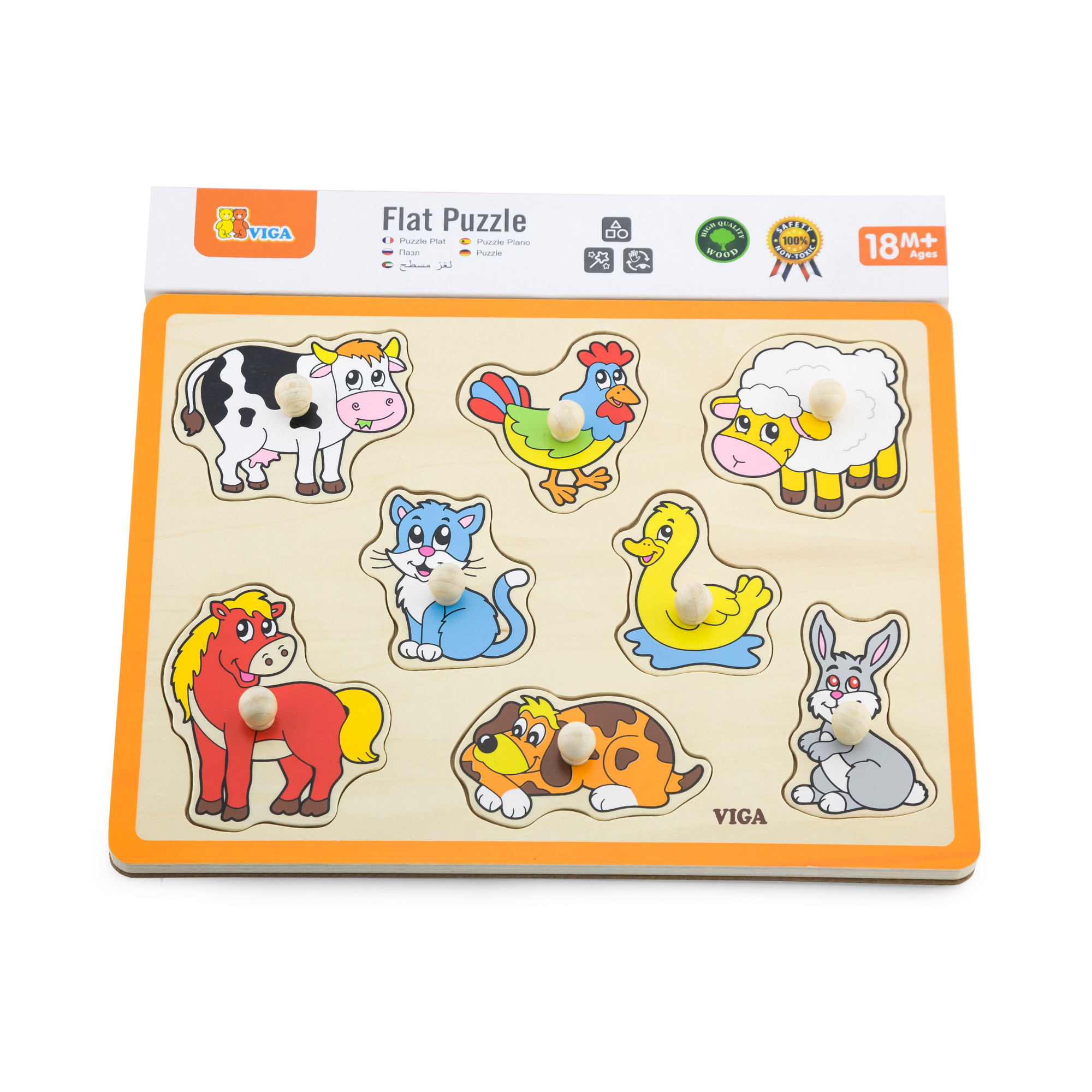 Viga Farm Animals, 8 Piece Knob Puzzle, Montessori Wooden Toy, Develops Sensory, Cognitive & Fine Motor Skills, Non-Toxic & Eco-friendly Kids Educational Toy, Suitable for Boys and Girls Aged 18M+
