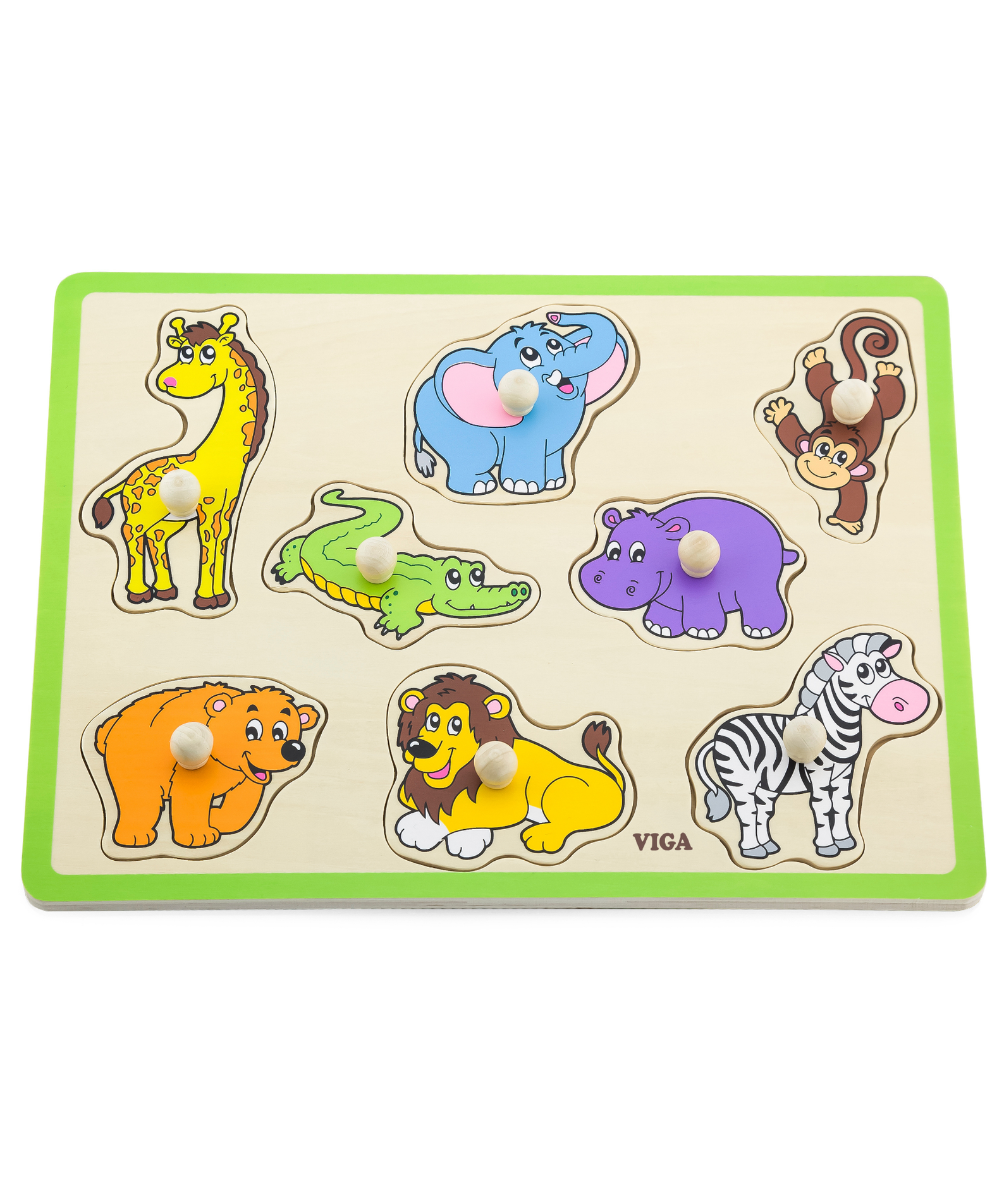 Viga Wild Animals, 8 Piece Knob Puzzle, Montessori Wooden Toy, Develops Sensory, Cognitive & Fine Motor Skills, Non-Toxic & Eco-friendly Kids Educational Toy, Suitable for Boys and Girls Aged 18M+