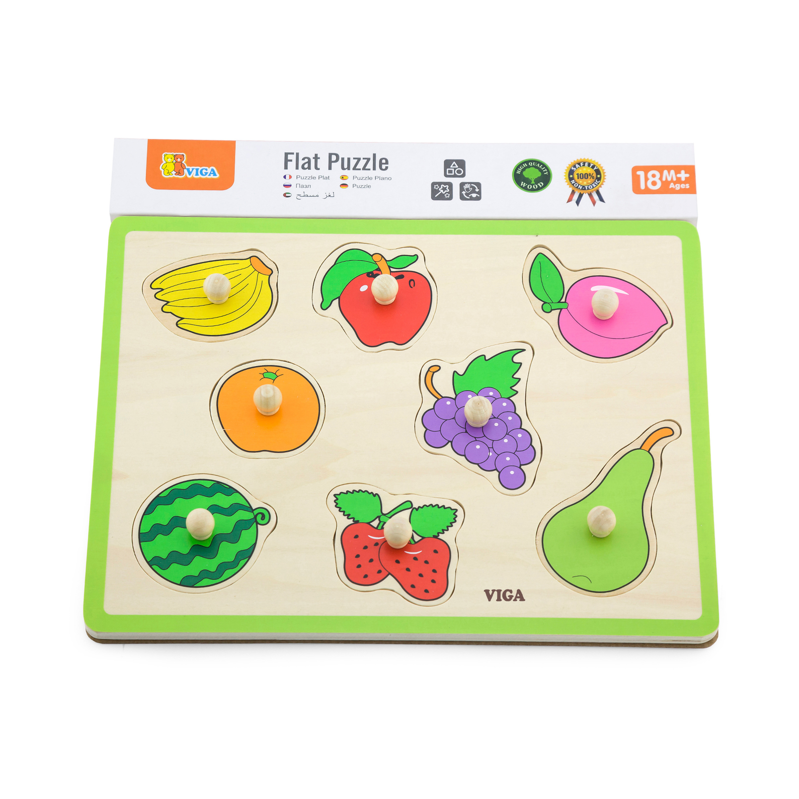 Viga Fruit, 8 Piece Knob Puzzle, Montessori Wooden Toy, Develops Sensory, Cognitive & Fine Motor Skills, Non-Toxic & Eco-friendly Kids Educational Toy, Suitable for Boys and Girls Aged 18M+