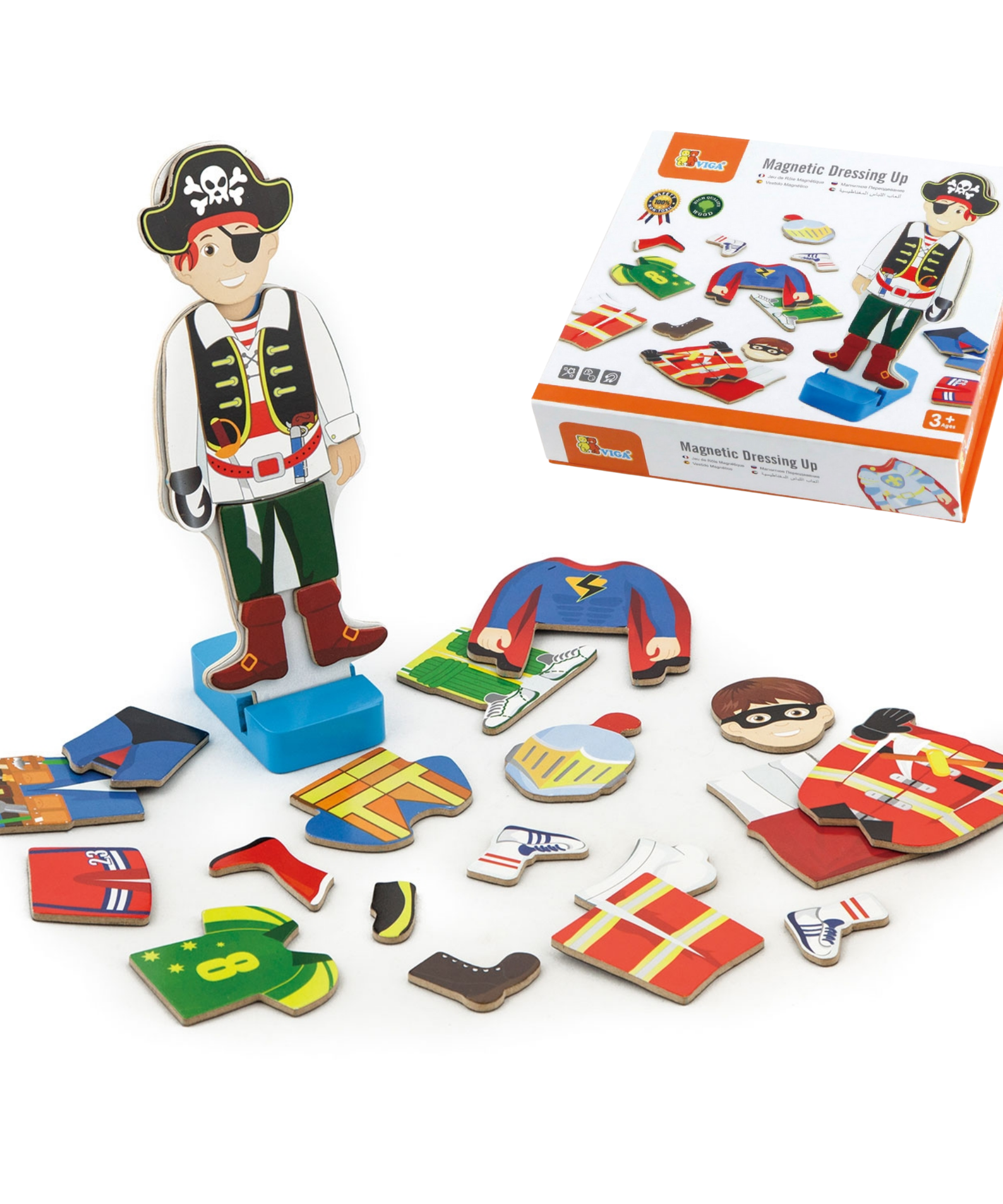 VIGA Wooden Magnetic Dress Up Boy  8 Outfits with Stand  Pretend Play Educational Toy for Imagination and Coordination  Ages 3 and Up