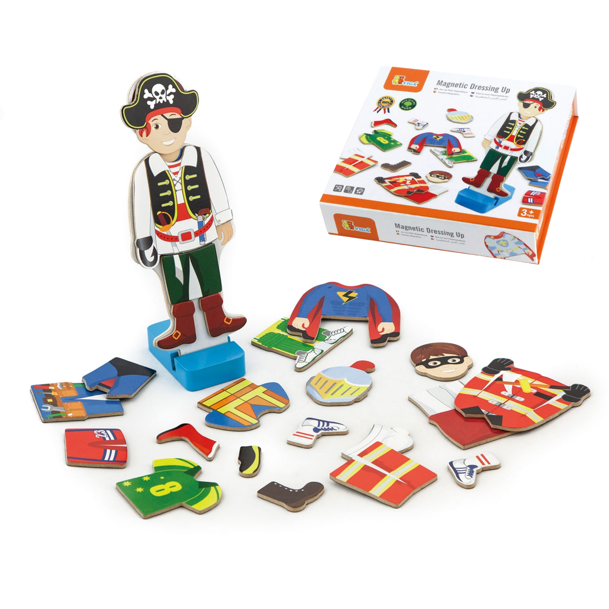 VIGA Wooden Magnetic Dress Up Boy  8 Outfits with Stand  Pretend Play Educational Toy for Imagination and Coordination  Ages 3 and Up