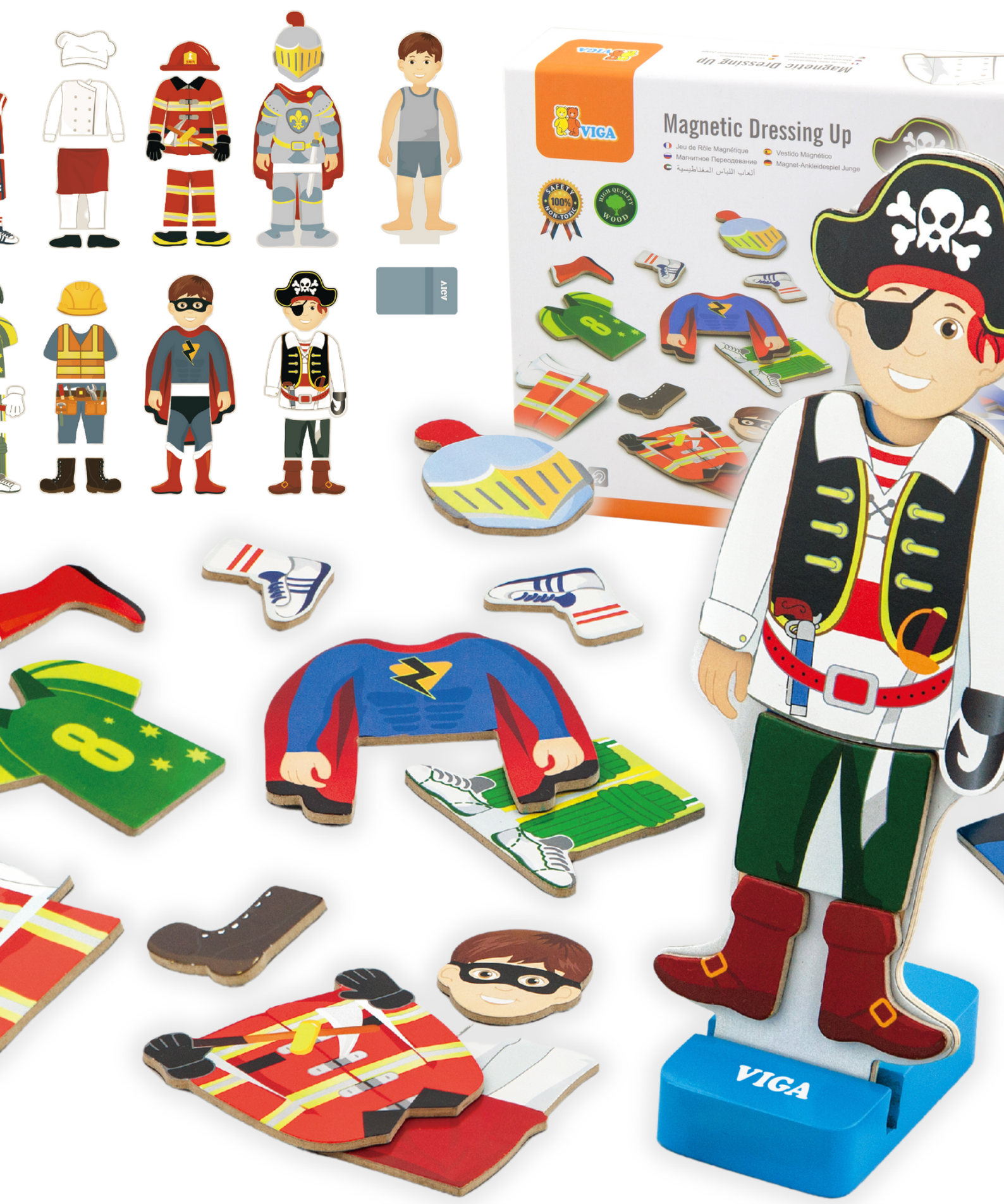 VIGA Wooden Magnetic Dress Up Boy  8 Outfits with Stand  Pretend Play Educational Toy for Imagination and Coordination  Ages 3 and Up