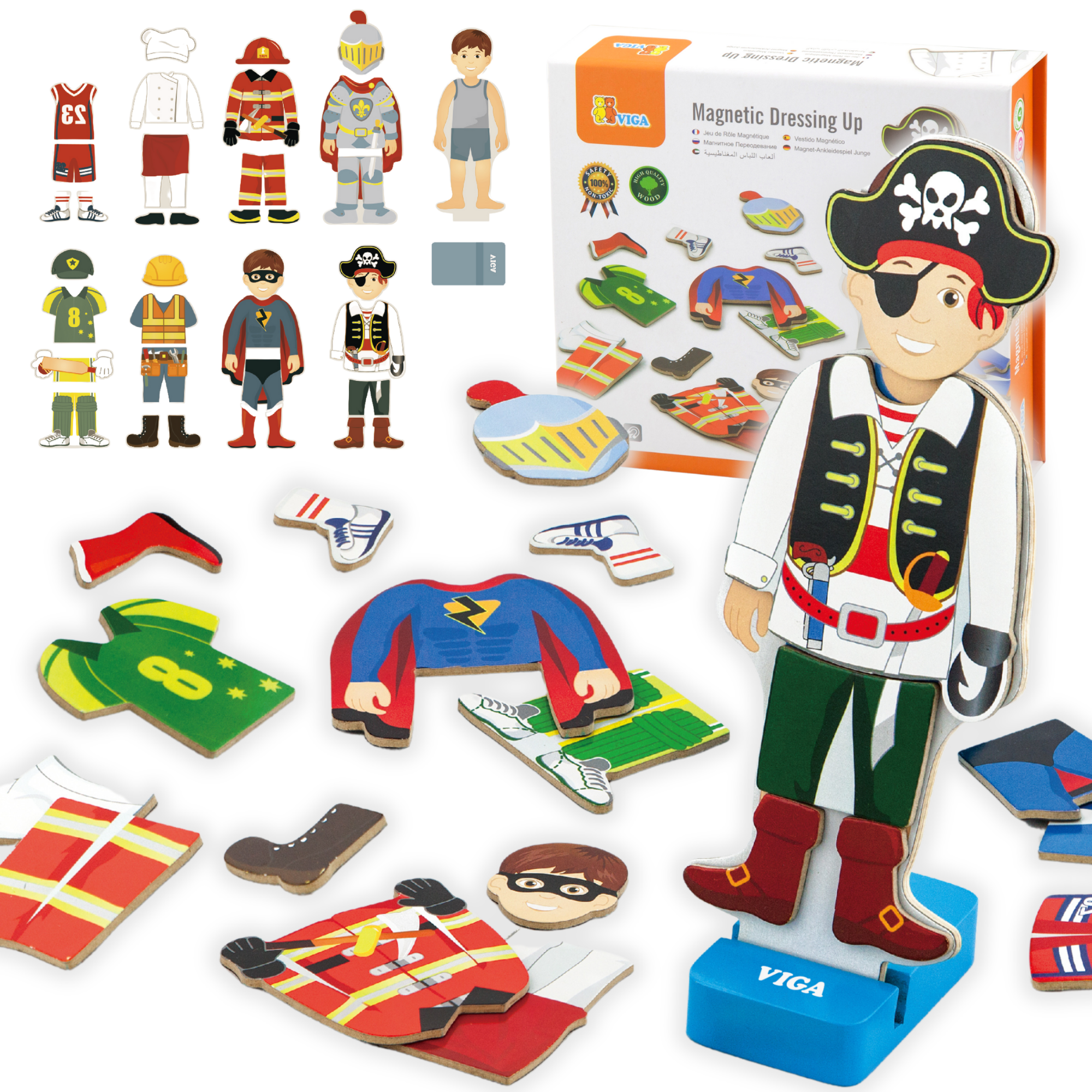VIGA Wooden Magnetic Dress Up Boy  8 Outfits with Stand  Pretend Play Educational Toy for Imagination and Coordination  Ages 3 and Up