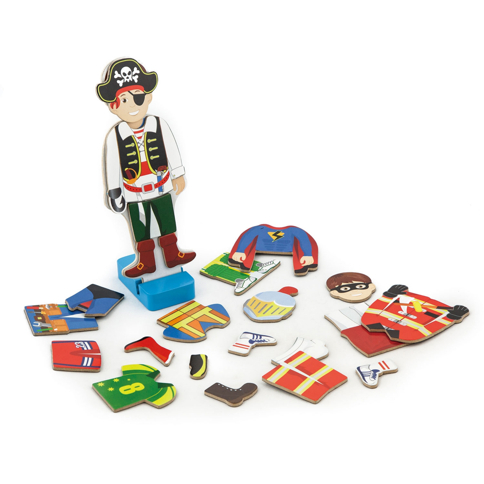 VIGA Wooden Magnetic Dress Up Boy  8 Outfits with Stand  Pretend Play Educational Toy for Imagination and Coordination  Ages 3 and Up