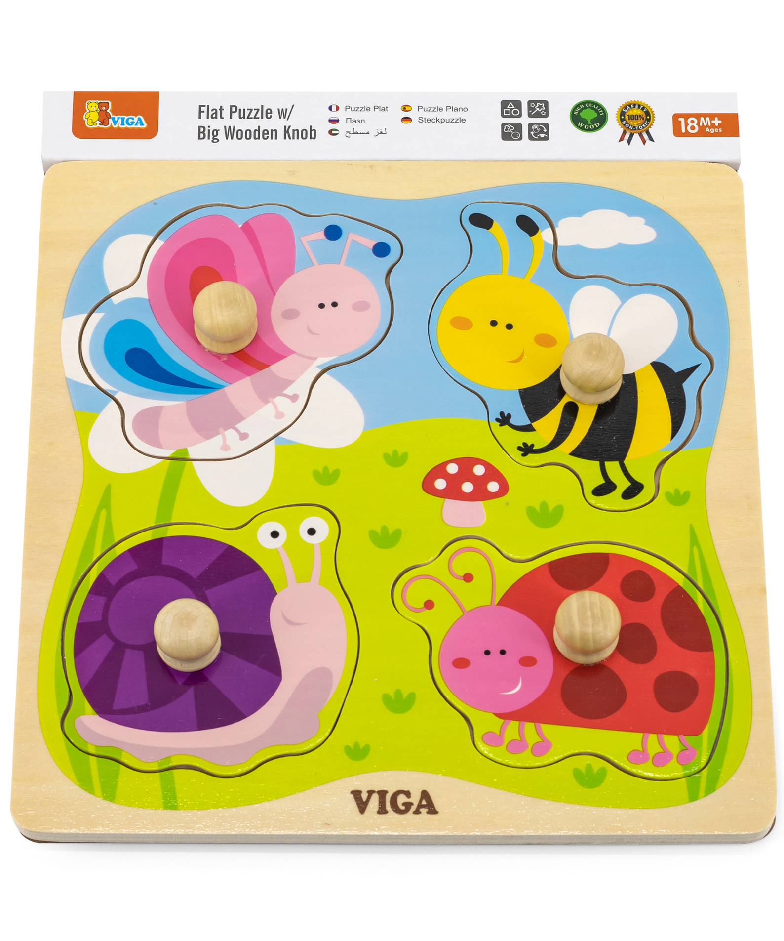 Viga Insect, 4 Piece Knob Puzzle, Montessori Wooden Toy, Develops Sensory, Cognitive & Fine Motor Skills, Non-Toxic & Eco-friendly Kids Educational Toy, Suitable for Boys and Girls Aged 12M+