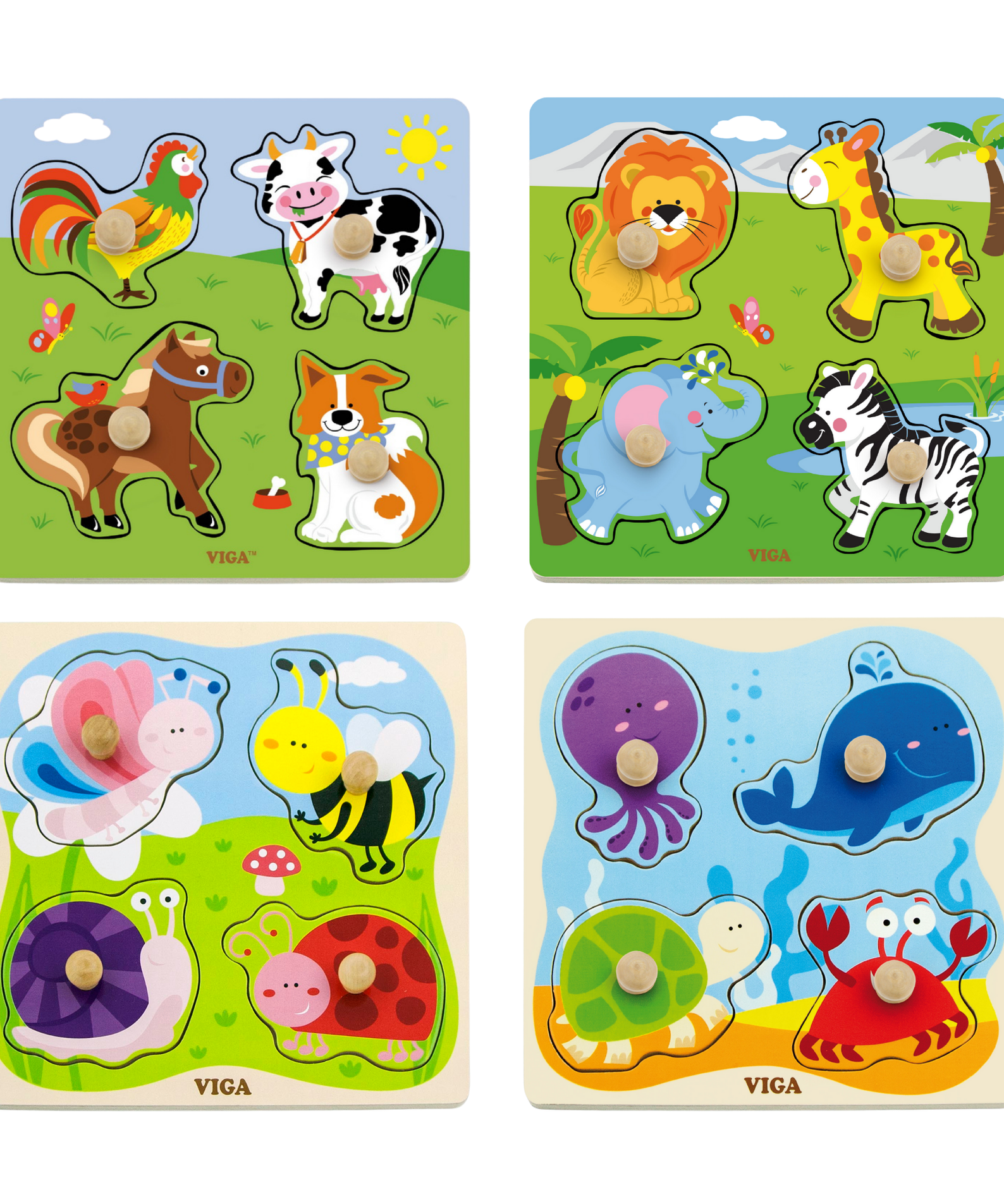 Viga Insect, 4 Piece Knob Puzzle, Montessori Wooden Toy, Develops Sensory, Cognitive & Fine Motor Skills, Non-Toxic & Eco-friendly Kids Educational Toy, Suitable for Boys and Girls Aged 12M+