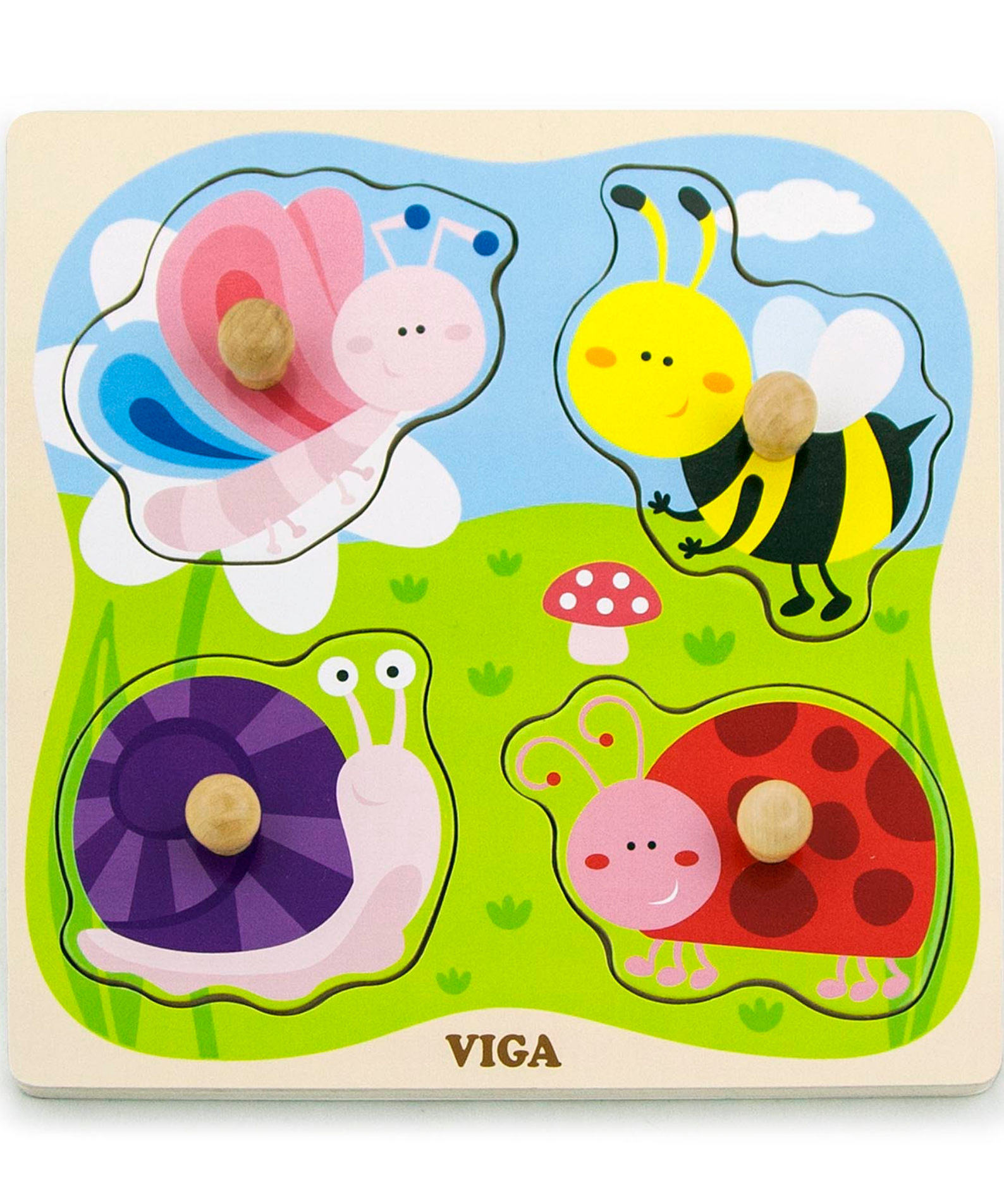Viga Insect, 4 Piece Knob Puzzle, Montessori Wooden Toy, Develops Sensory, Cognitive & Fine Motor Skills, Non-Toxic & Eco-friendly Kids Educational Toy, Suitable for Boys and Girls Aged 12M+
