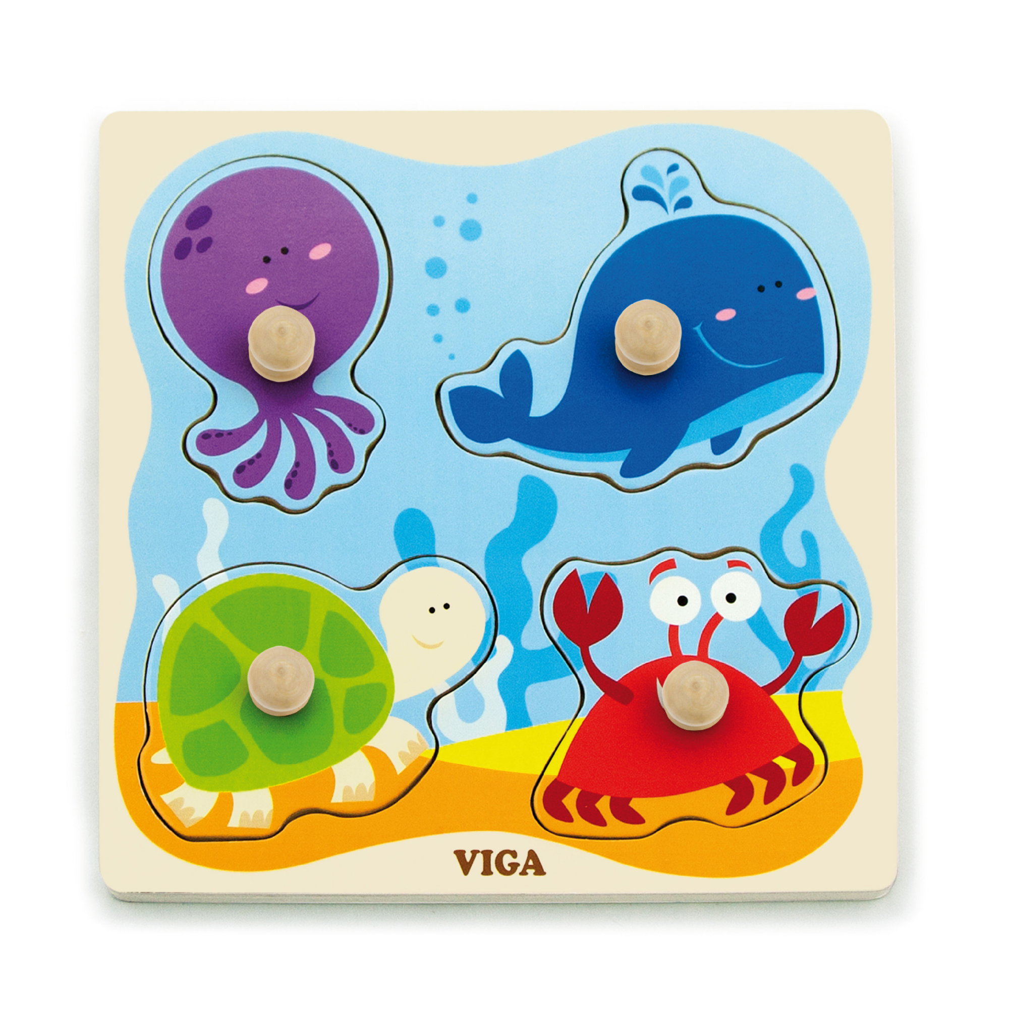 Viga Sea Creature, 4 Piece Knob Puzzle, Montessori Wooden Toy, Develops Sensory, Cognitive & Fine Motor Skills, Non-Toxic & Eco-friendly Kids Educational Toy, Suitable for Boys and Girls Aged 12M+