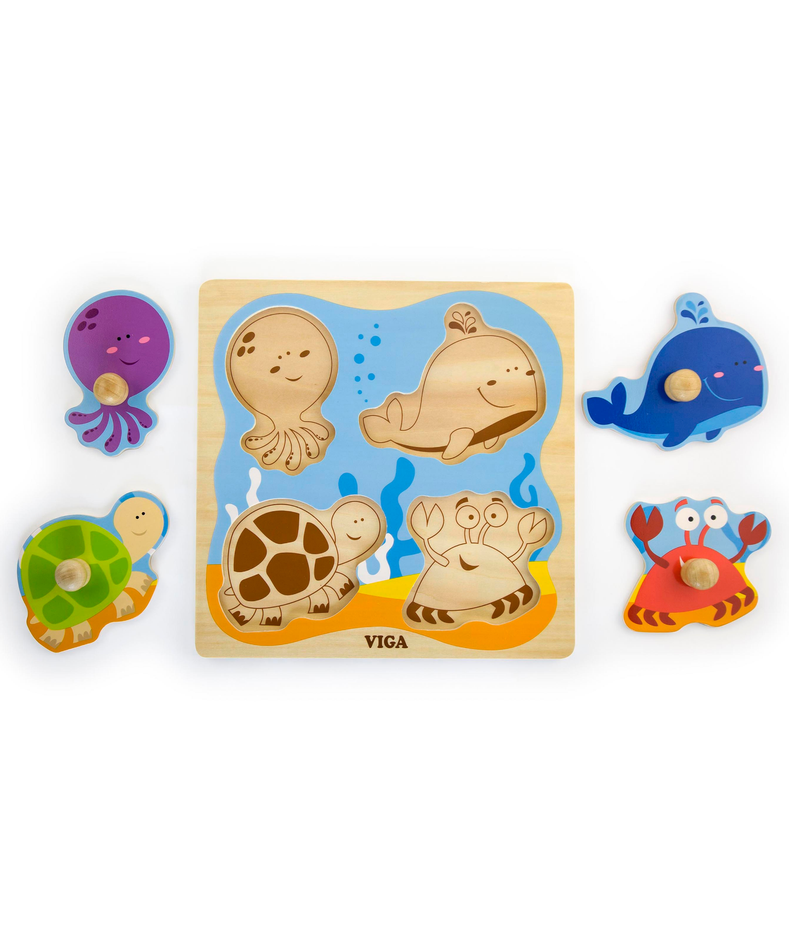 Viga Sea Creature, 4 Piece Knob Puzzle, Montessori Wooden Toy, Develops Sensory, Cognitive & Fine Motor Skills, Non-Toxic & Eco-friendly Kids Educational Toy, Suitable for Boys and Girls Aged 12M+