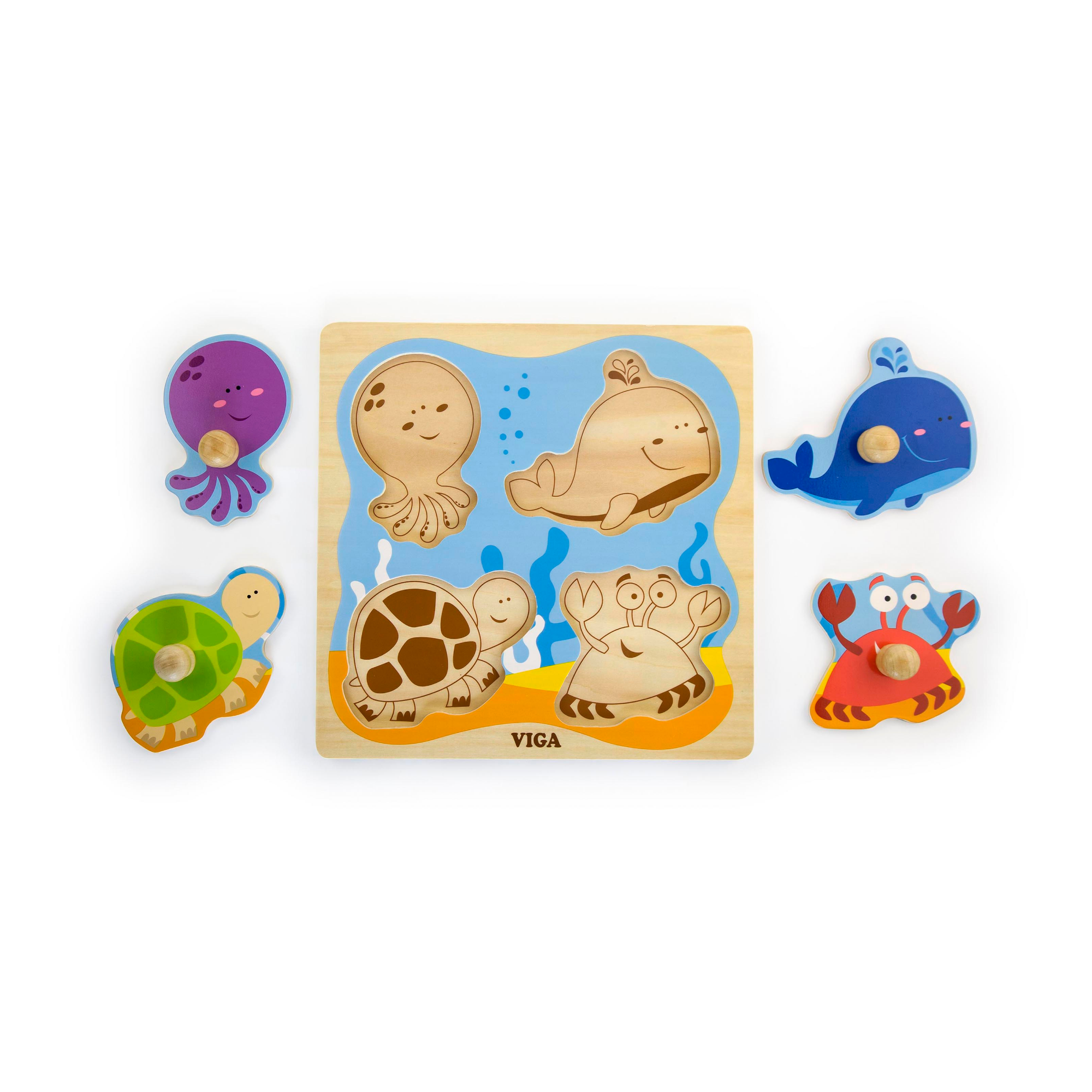 Viga Sea Creature, 4 Piece Knob Puzzle, Montessori Wooden Toy, Develops Sensory, Cognitive & Fine Motor Skills, Non-Toxic & Eco-friendly Kids Educational Toy, Suitable for Boys and Girls Aged 12M+
