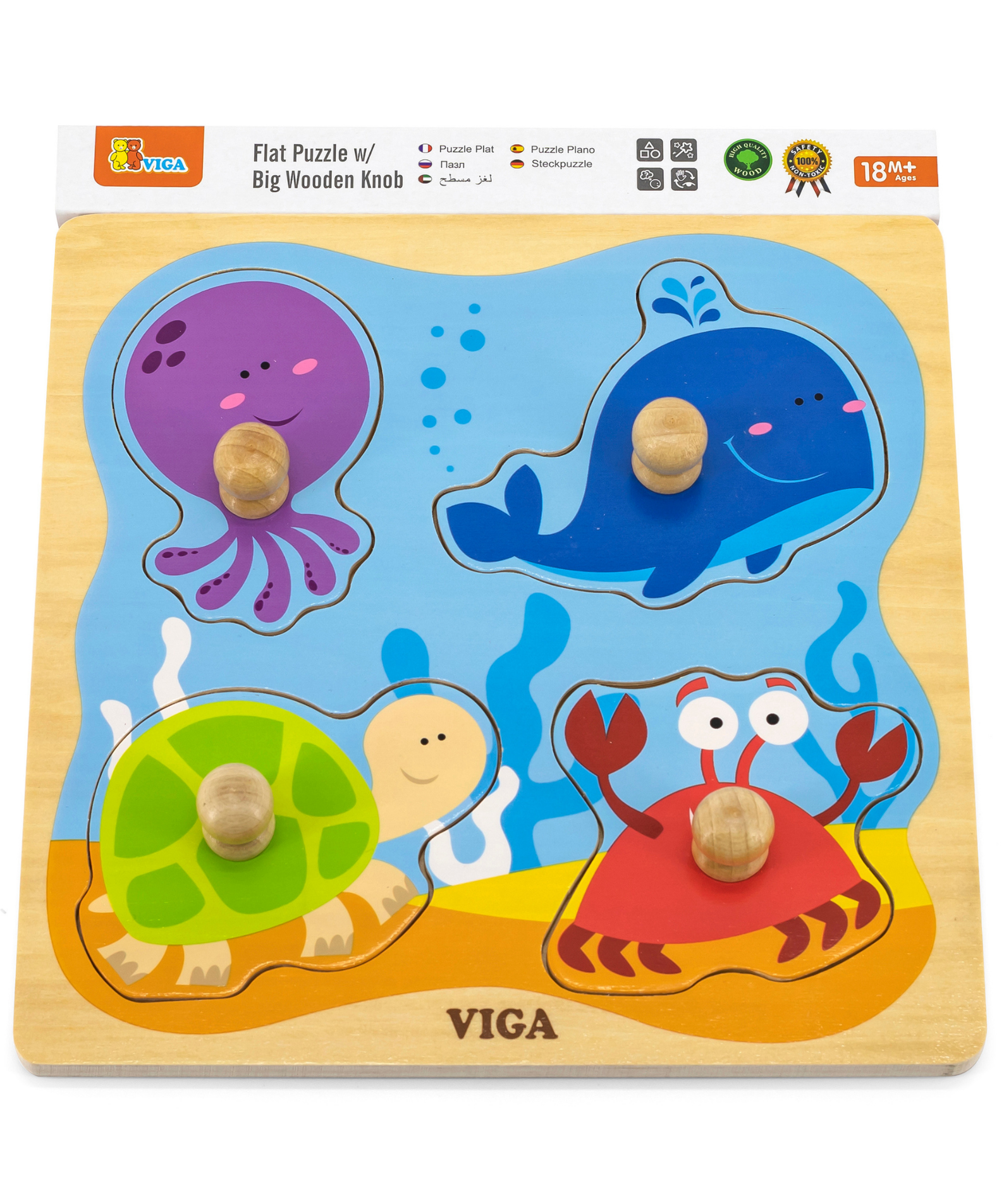 Viga Sea Creature, 4 Piece Knob Puzzle, Montessori Wooden Toy, Develops Sensory, Cognitive & Fine Motor Skills, Non-Toxic & Eco-friendly Kids Educational Toy, Suitable for Boys and Girls Aged 12M+