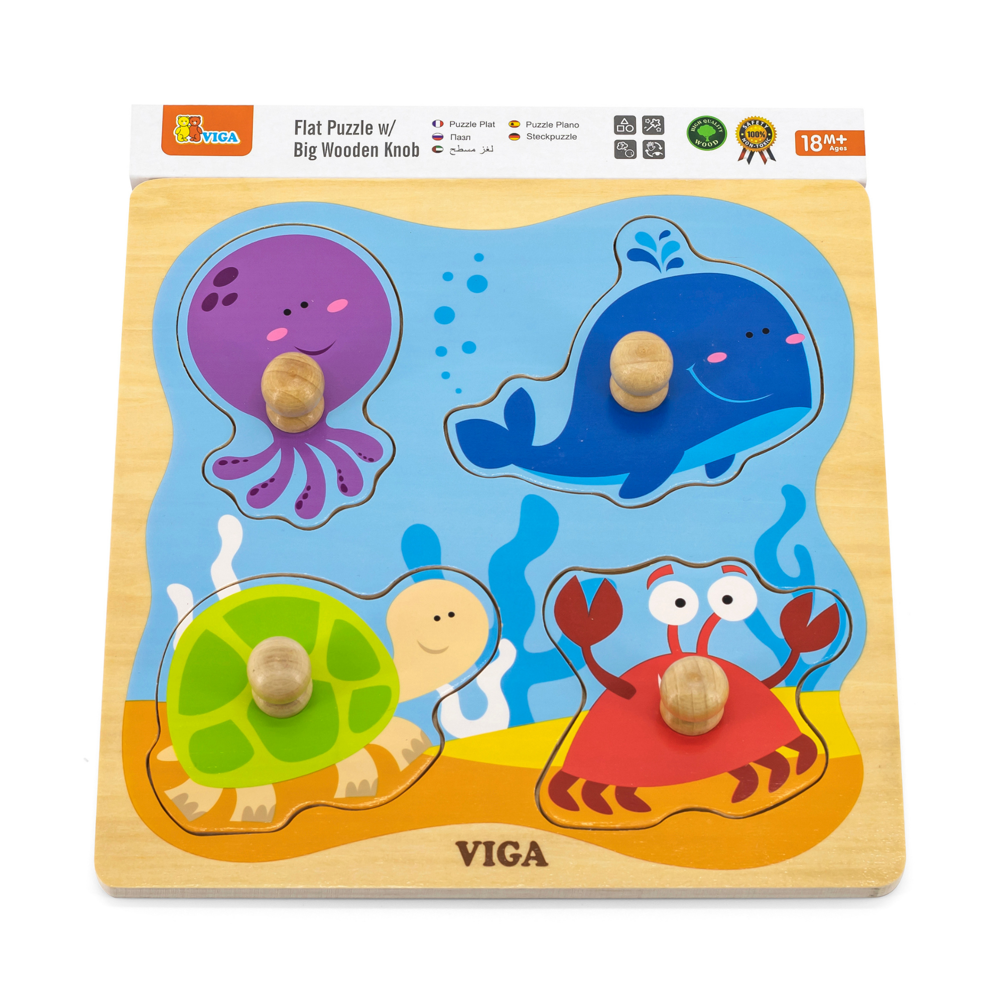 Viga Sea Creature, 4 Piece Knob Puzzle, Montessori Wooden Toy, Develops Sensory, Cognitive & Fine Motor Skills, Non-Toxic & Eco-friendly Kids Educational Toy, Suitable for Boys and Girls Aged 12M+