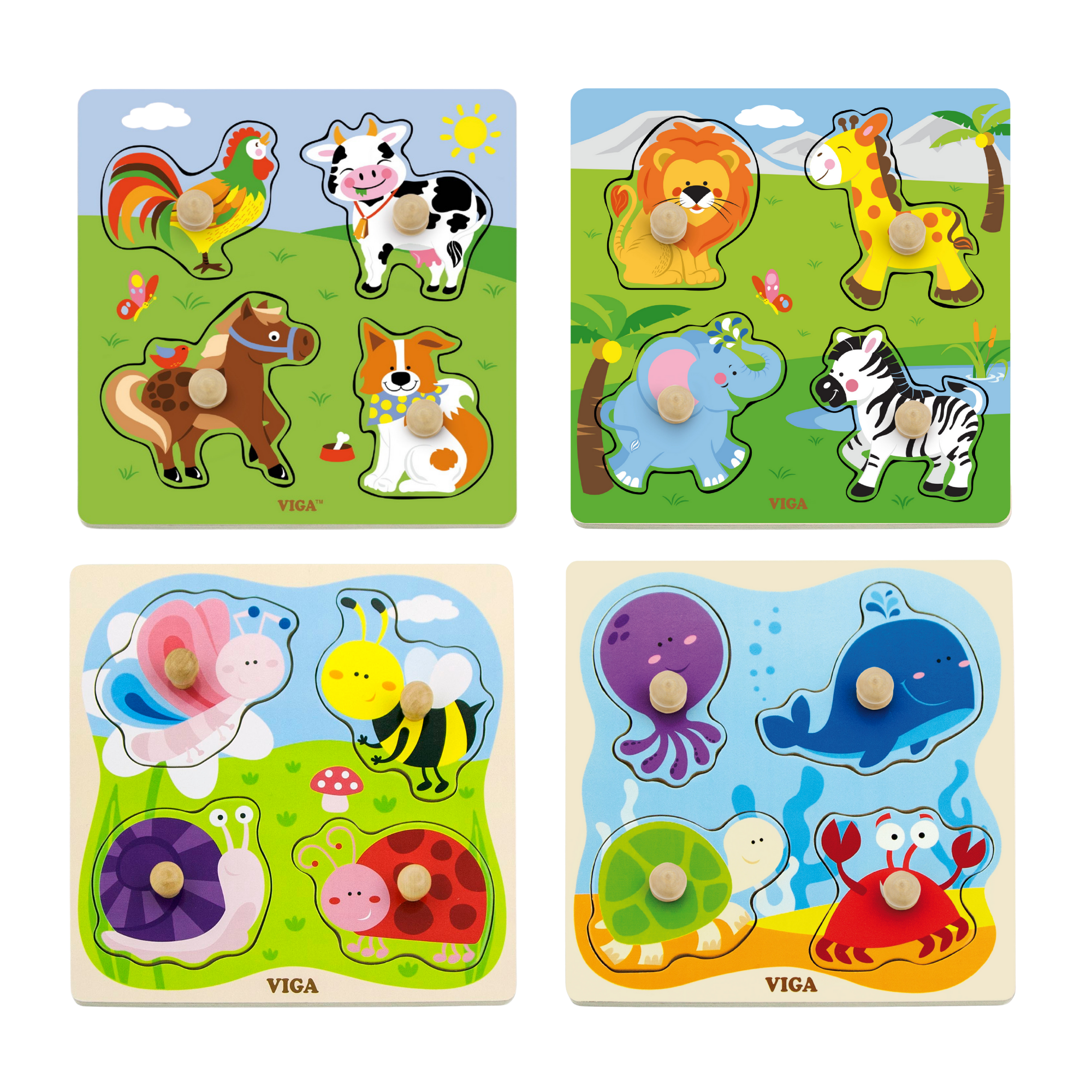 Viga Sea Creature, 4 Piece Knob Puzzle, Montessori Wooden Toy, Develops Sensory, Cognitive & Fine Motor Skills, Non-Toxic & Eco-friendly Kids Educational Toy, Suitable for Boys and Girls Aged 12M+