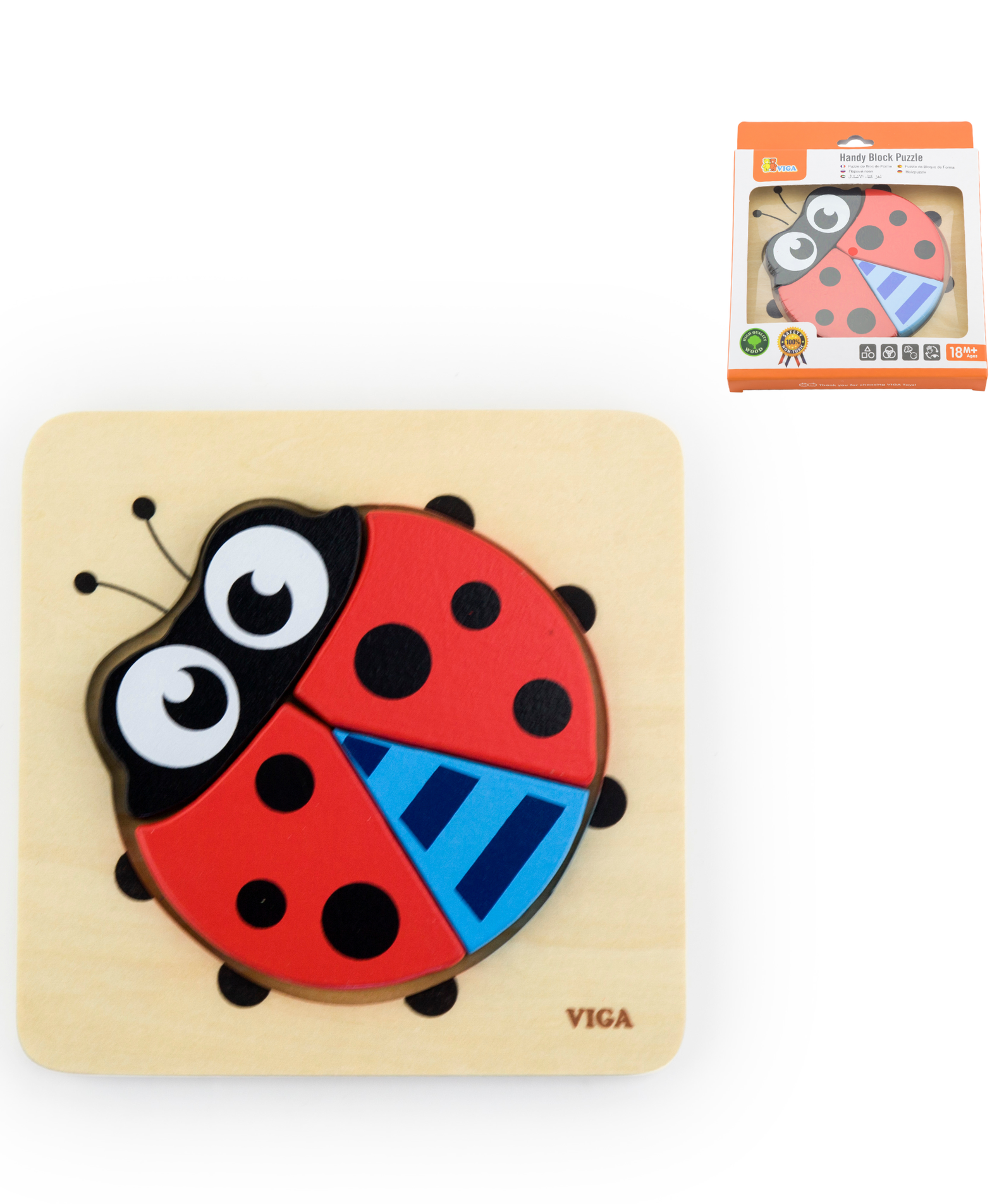 Viga Lady Bird, 4 Piece Block Puzzle, Montessori Wooden Toy, Develops Sensory, Cognitive & Fine Motor Skills, Non-Toxic & Eco-friendly Kids Educational Toy, Suitable for Boys and Girls Aged 18M+