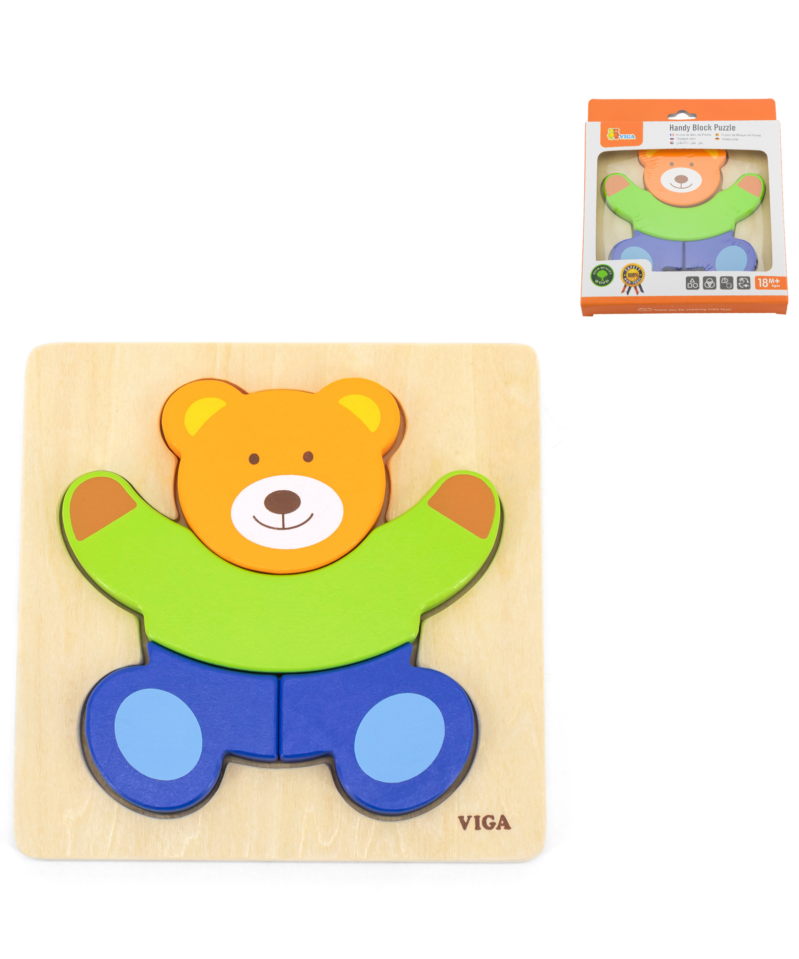 Viga Bear, 4 Piece Block Puzzle, Montessori Wooden Toy, Develops Sensory, Cognitive & Fine Motor Skills, Non-Toxic & Eco-friendly Kids Educational Toy, Suitable for Boys and Girls Aged 18M+