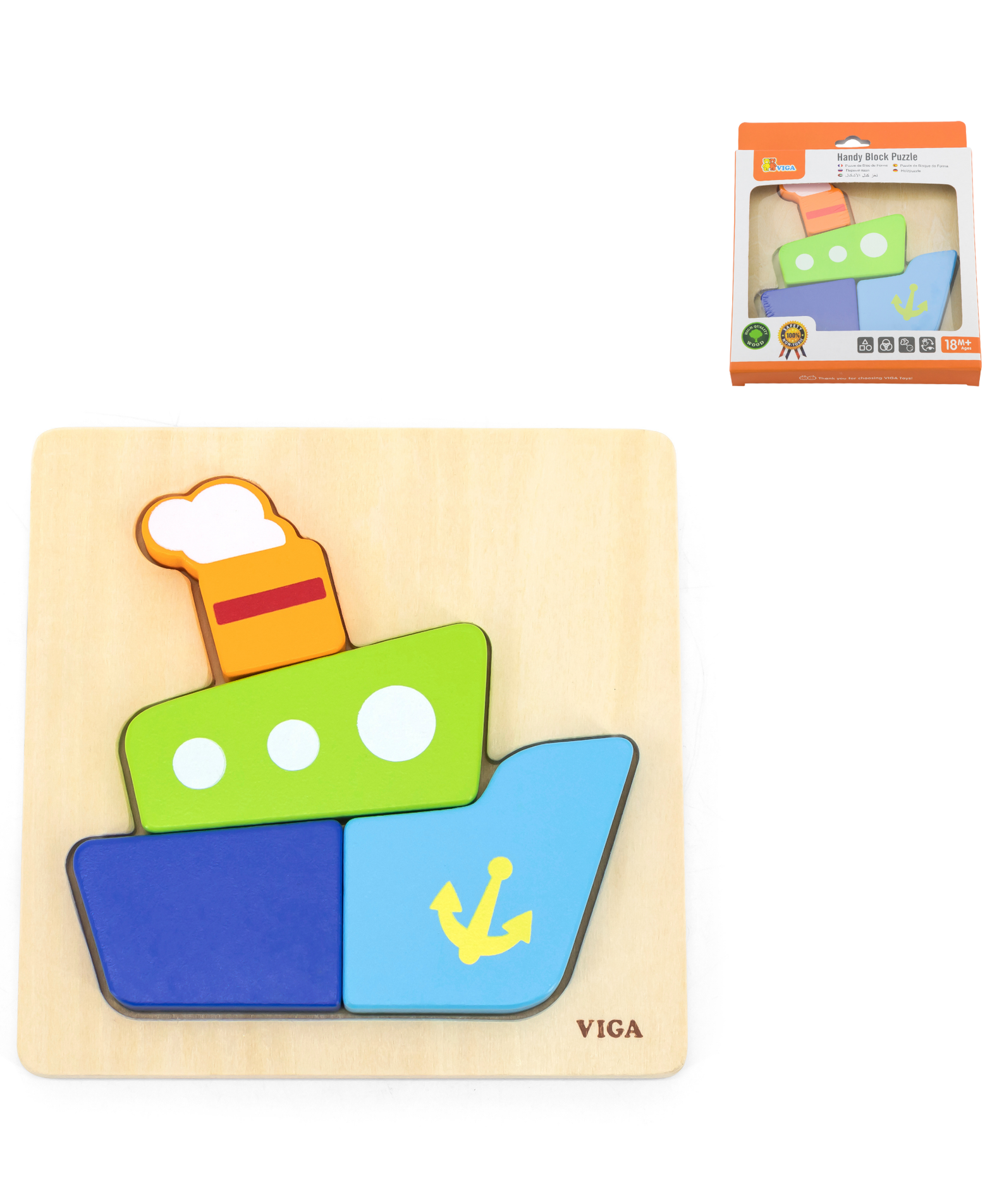 Viga Boat, 4 Piece Block Puzzle, Montessori Wooden Toy, Develops Sensory, Cognitive & Fine Motor Skills, Non-Toxic & Eco-friendly Kids Educational Toy, Suitable for Boys and Girls Aged 18M+