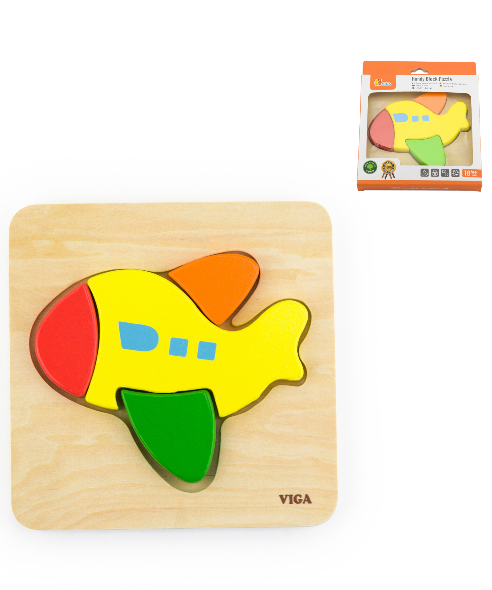 Viga Plane, 4 Piece Block Puzzle, Montessori Wooden Toy, Develops Sensory, Cognitive & Fine Motor Skills, Non-Toxic & Eco-friendly Kids Educational Toy, Suitable for Boys and Girls Aged 18M+