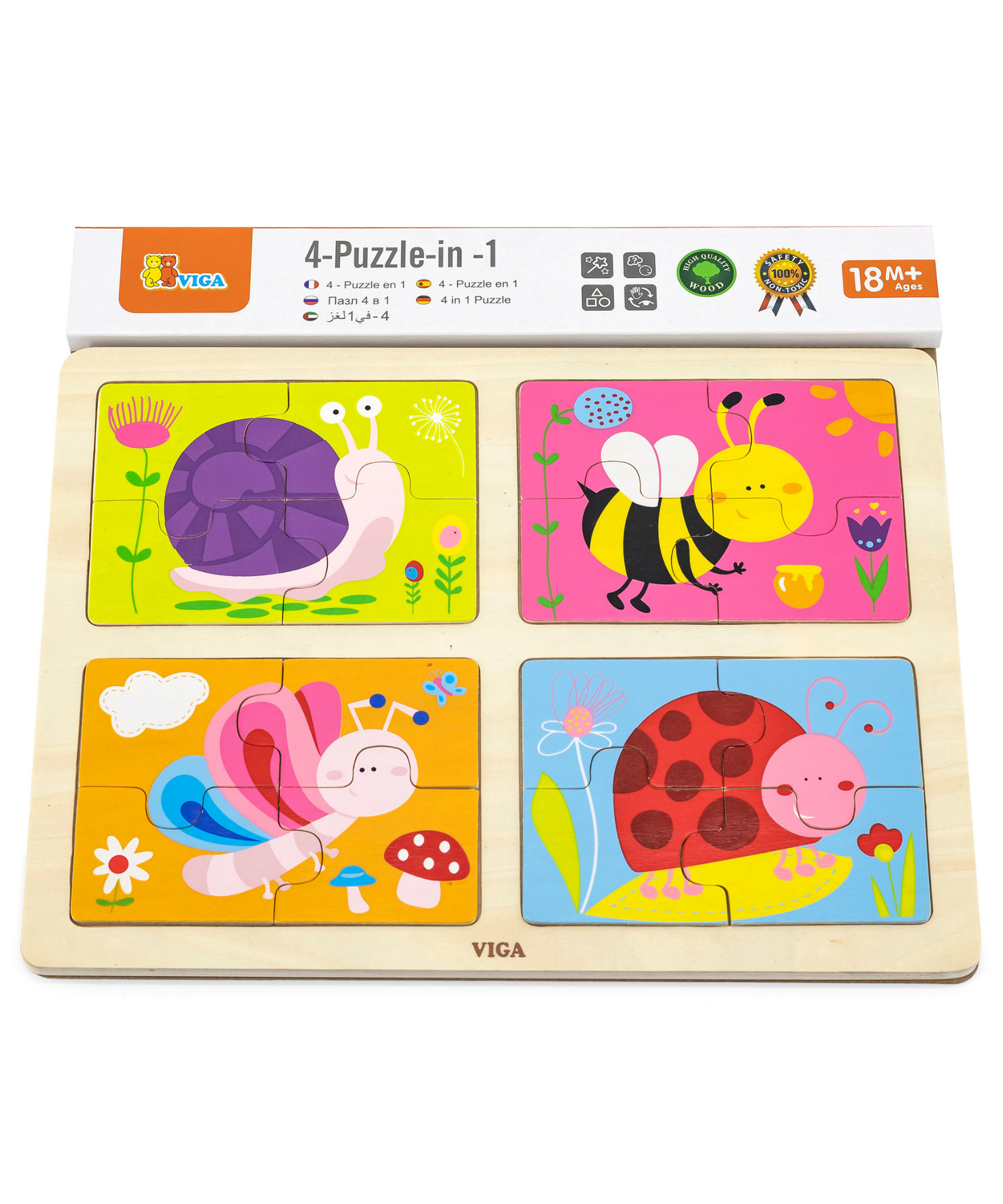 Viga 4 in 1 Insect, 16 Piece Block Puzzle, Montessori Wooden Toy, Develops Sensory, Cognitive & Fine Motor Skills, Non-Toxic & Eco-friendly Kids Educational Toy, Suitable for Boys and Girls Aged 18M+