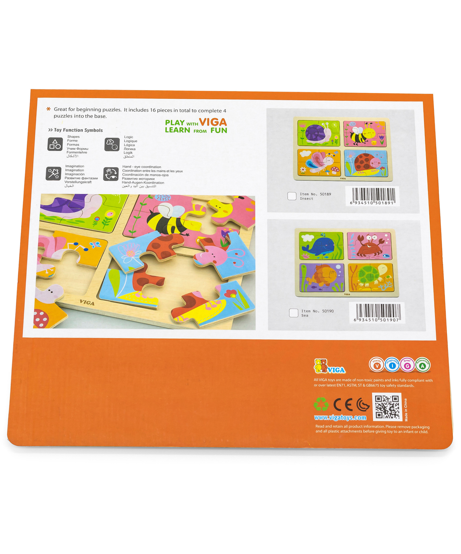 Viga 4 in 1 Insect, 16 Piece Block Puzzle, Montessori Wooden Toy, Develops Sensory, Cognitive & Fine Motor Skills, Non-Toxic & Eco-friendly Kids Educational Toy, Suitable for Boys and Girls Aged 18M+