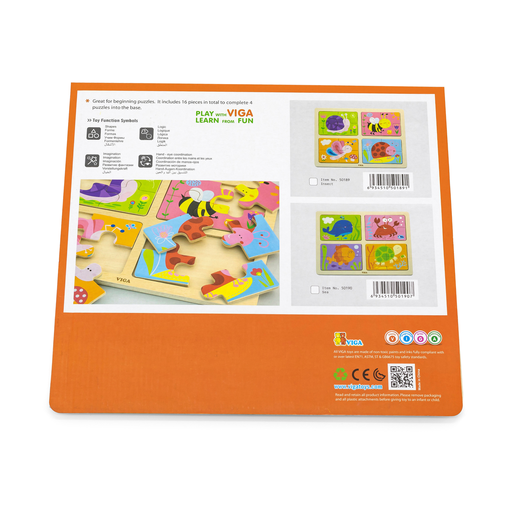 Viga 4 in 1 Insect, 16 Piece Block Puzzle, Montessori Wooden Toy, Develops Sensory, Cognitive & Fine Motor Skills, Non-Toxic & Eco-friendly Kids Educational Toy, Suitable for Boys and Girls Aged 18M+