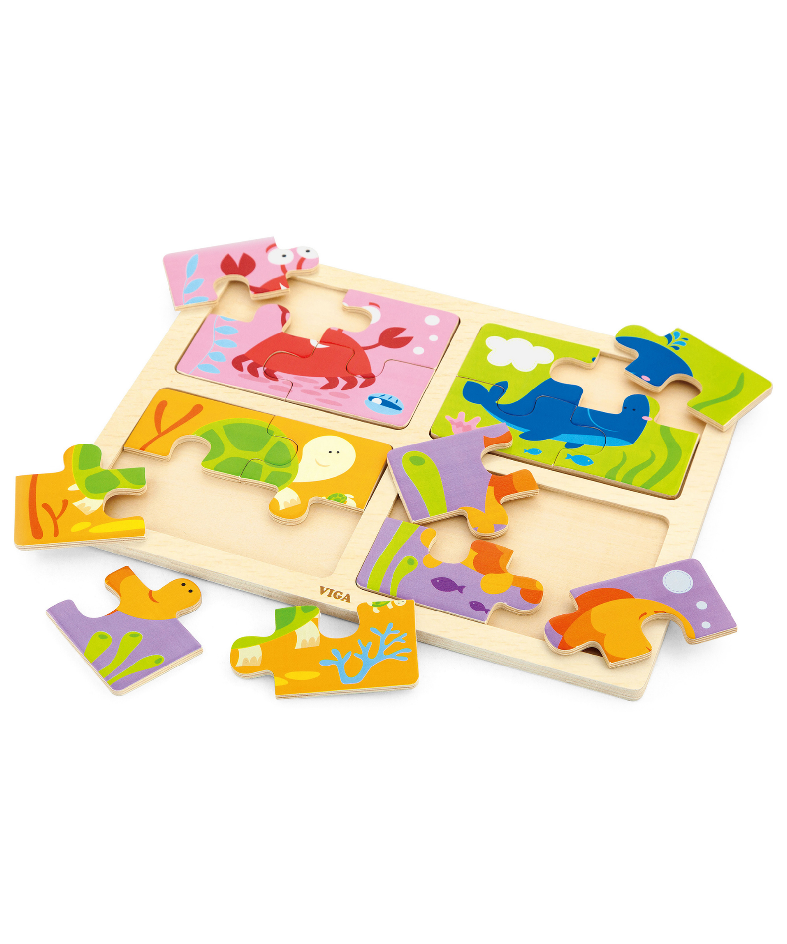 Viga 4 in 1 Sea, 16 Piece Block Puzzle, Montessori Wooden Toy, Develops Sensory, Cognitive & Fine Motor Skills, Non-Toxic & Eco-friendly Kids Educational Toy, Suitable for Boys and Girls Aged 18M+