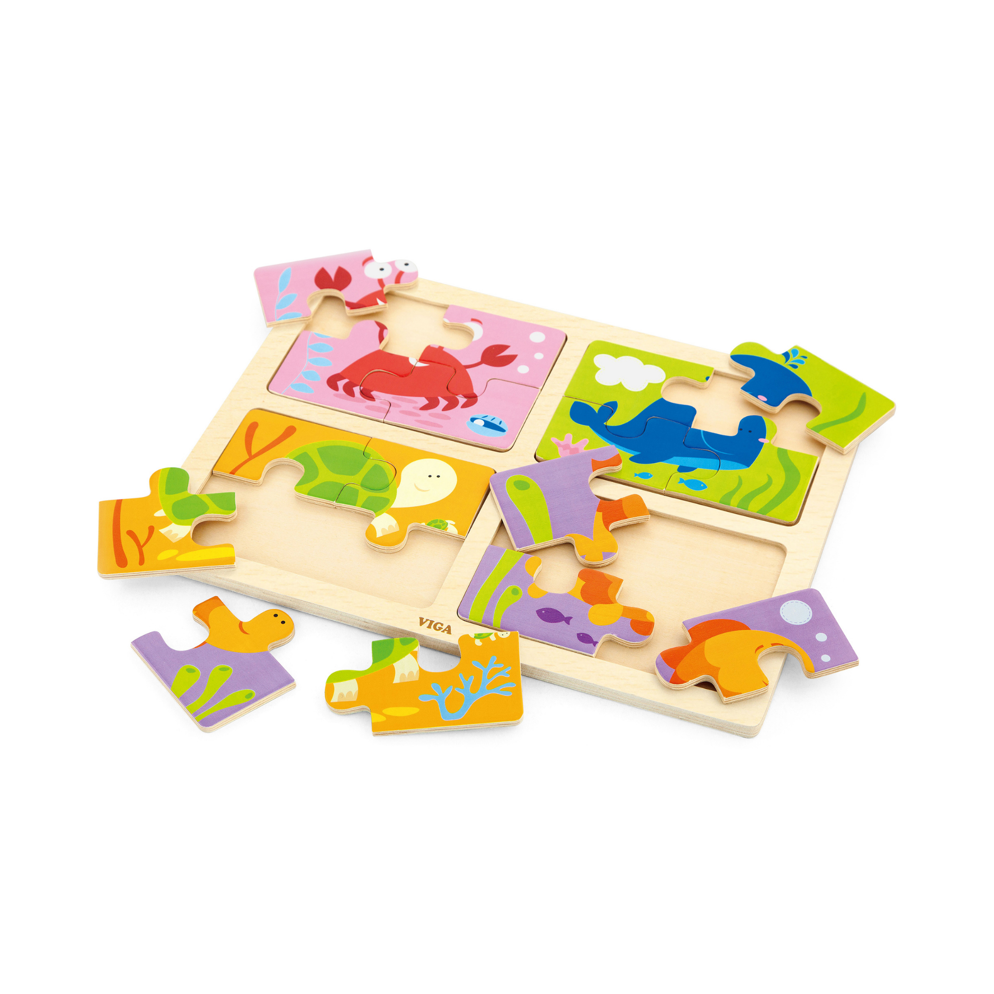 Viga 4 in 1 Sea, 16 Piece Block Puzzle, Montessori Wooden Toy, Develops Sensory, Cognitive & Fine Motor Skills, Non-Toxic & Eco-friendly Kids Educational Toy, Suitable for Boys and Girls Aged 18M+