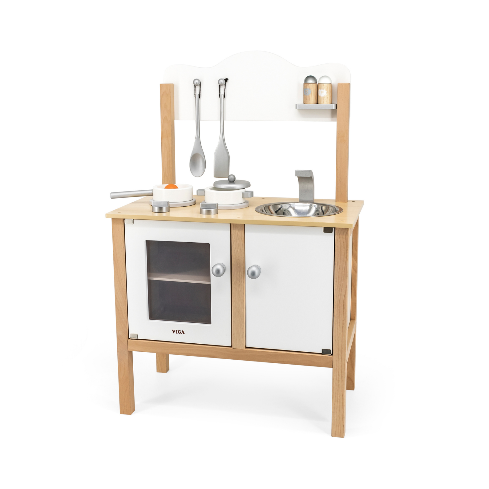 VIGA Wooden Noble Kitchen with Accessories  Pretend Play Cooking Set for Kids  Early Learning Roleplay Toy with Stove, Sink, Oven, and Storage