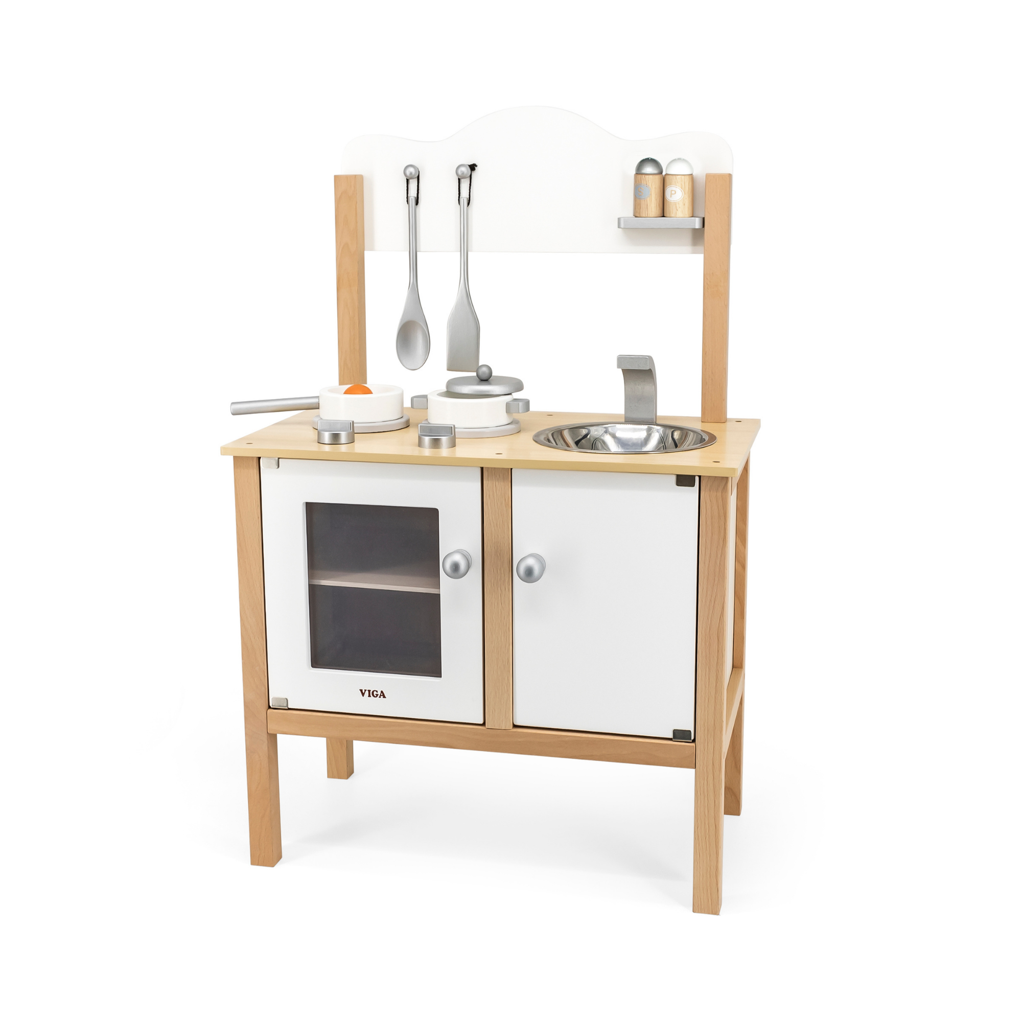 VIGA Wooden Noble Kitchen with Accessories  Pretend Play Cooking Set for Kids  Early Learning Roleplay Toy with Stove, Sink, Oven, and Storage