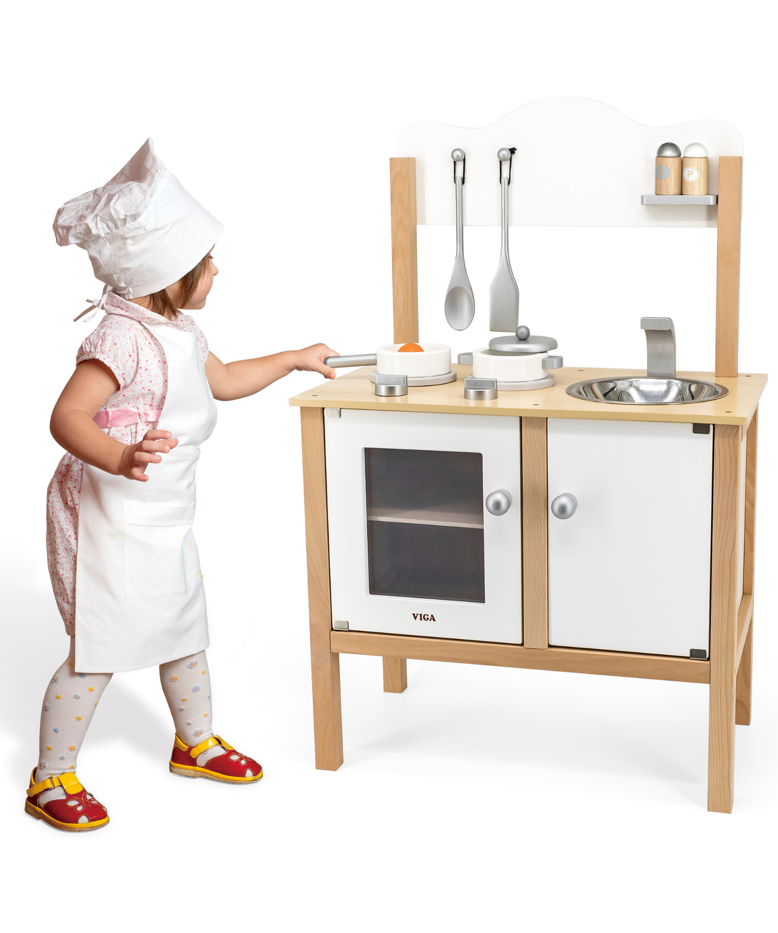 VIGA Wooden Noble Kitchen with Accessories  Pretend Play Cooking Set for Kids  Early Learning Roleplay Toy with Stove, Sink, Oven, and Storage