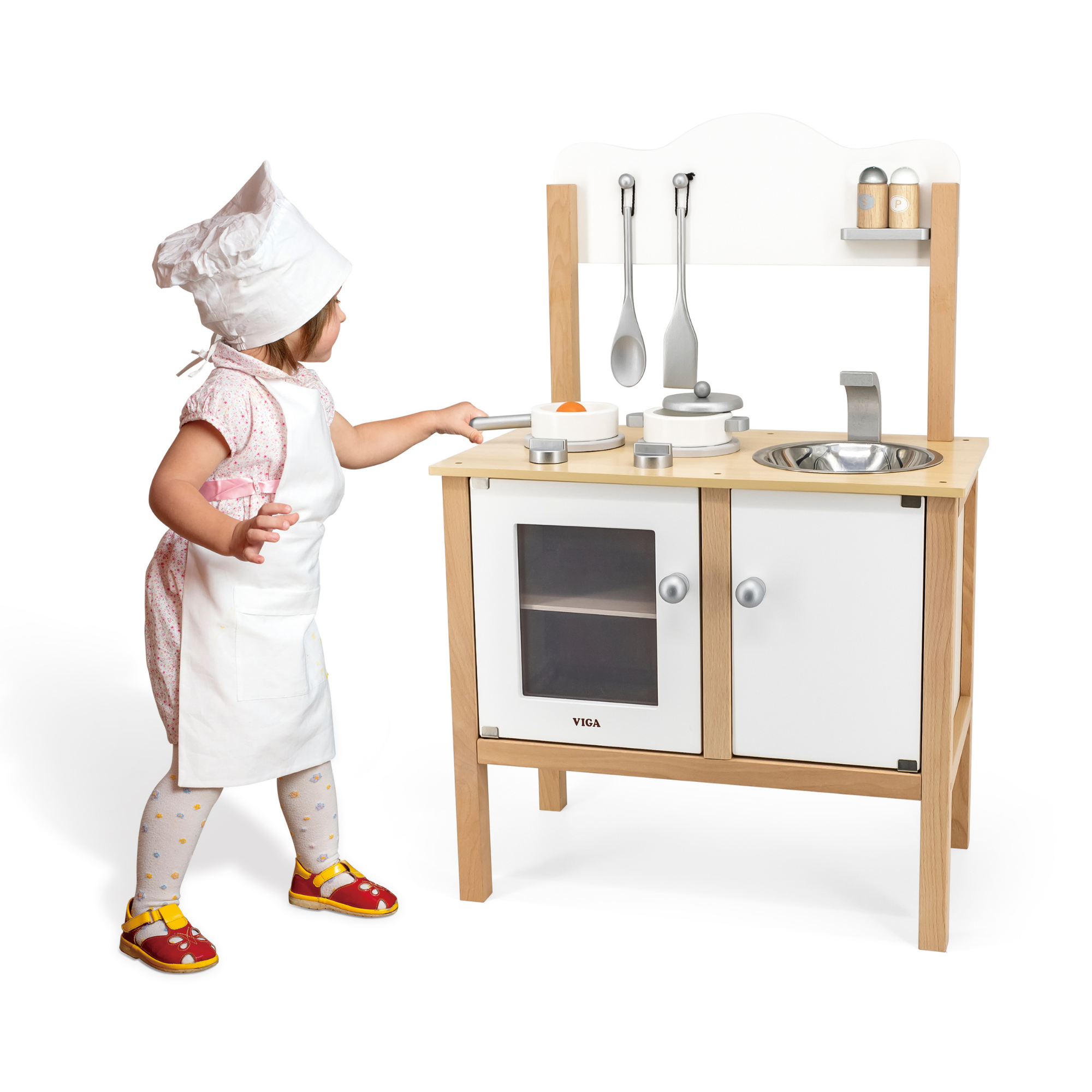 VIGA Wooden Noble Kitchen with Accessories  Pretend Play Cooking Set for Kids  Early Learning Roleplay Toy with Stove, Sink, Oven, and Storage