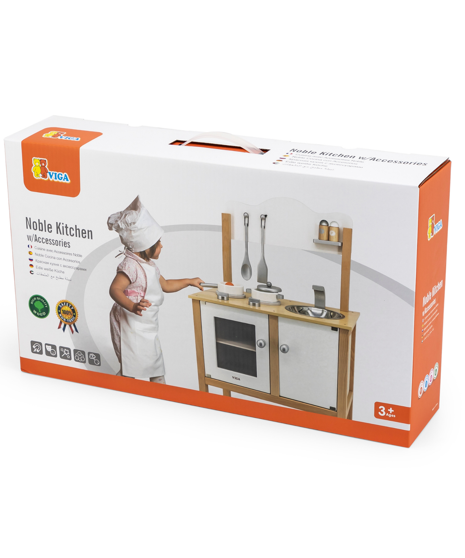 VIGA Wooden Noble Kitchen with Accessories  Pretend Play Cooking Set for Kids  Early Learning Roleplay Toy with Stove, Sink, Oven, and Storage