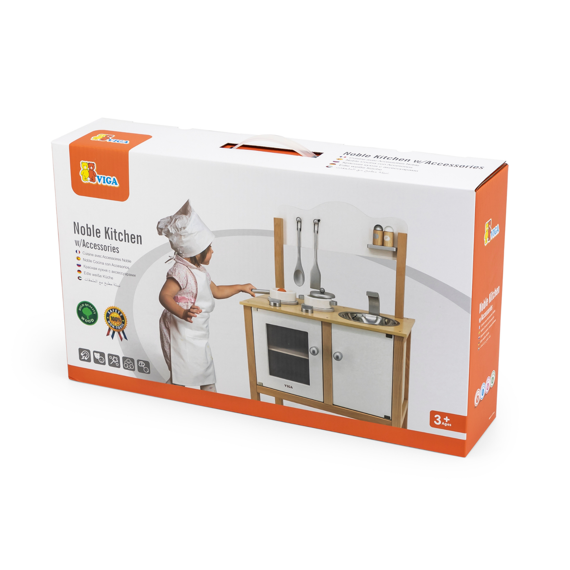 VIGA Wooden Noble Kitchen with Accessories  Pretend Play Cooking Set for Kids  Early Learning Roleplay Toy with Stove, Sink, Oven, and Storage