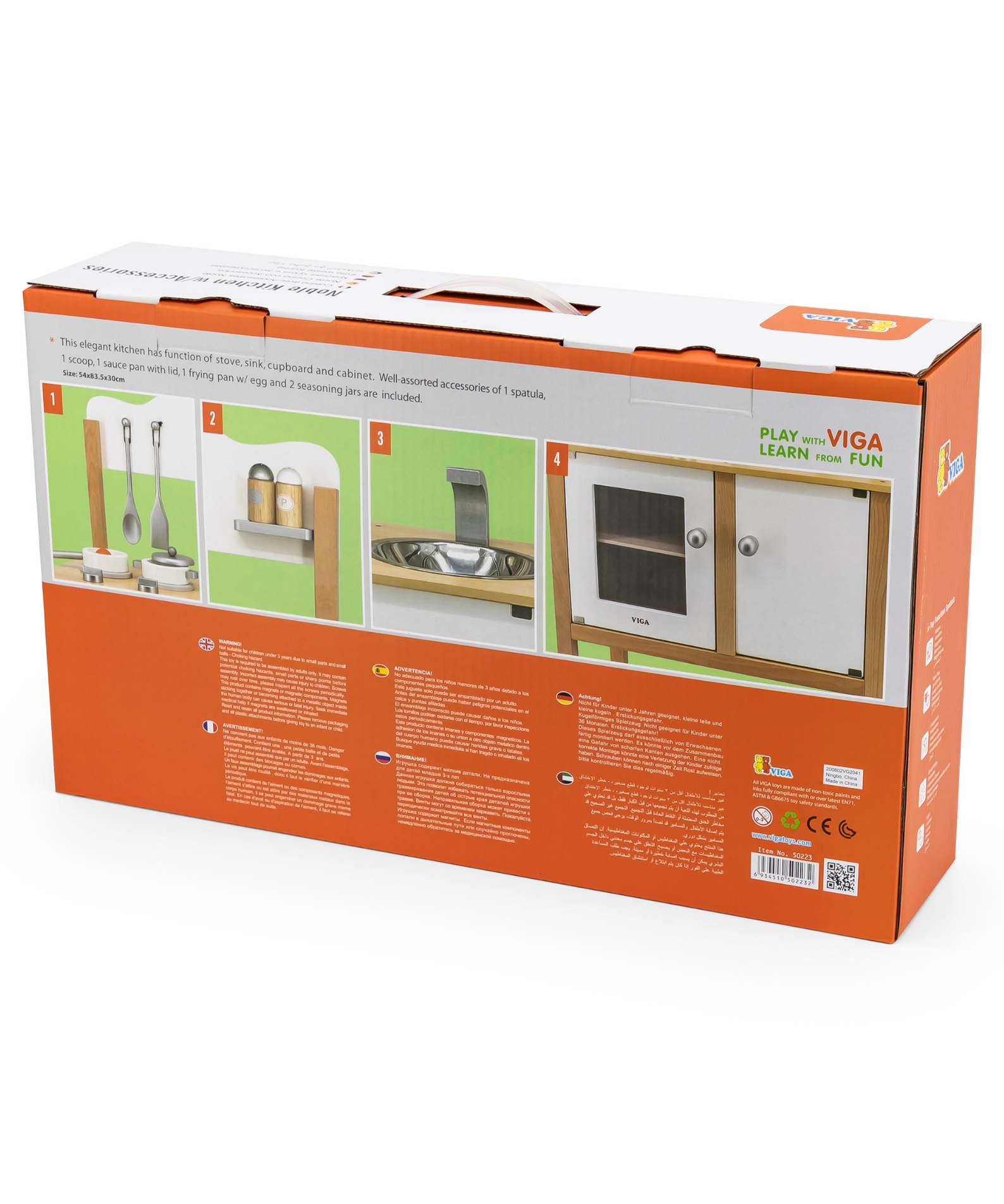 VIGA Wooden Noble Kitchen with Accessories  Pretend Play Cooking Set for Kids  Early Learning Roleplay Toy with Stove, Sink, Oven, and Storage