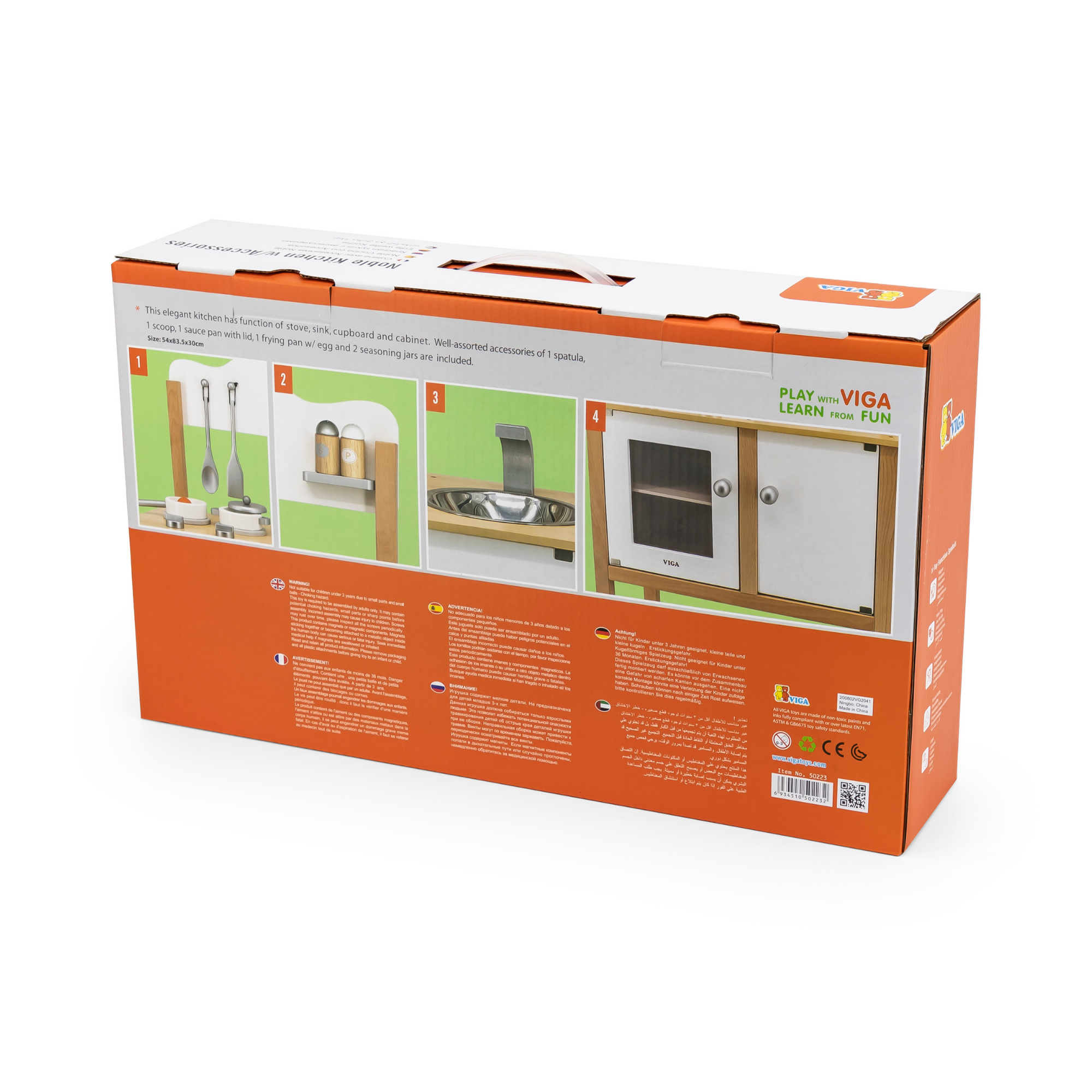 VIGA Wooden Noble Kitchen with Accessories  Pretend Play Cooking Set for Kids  Early Learning Roleplay Toy with Stove, Sink, Oven, and Storage