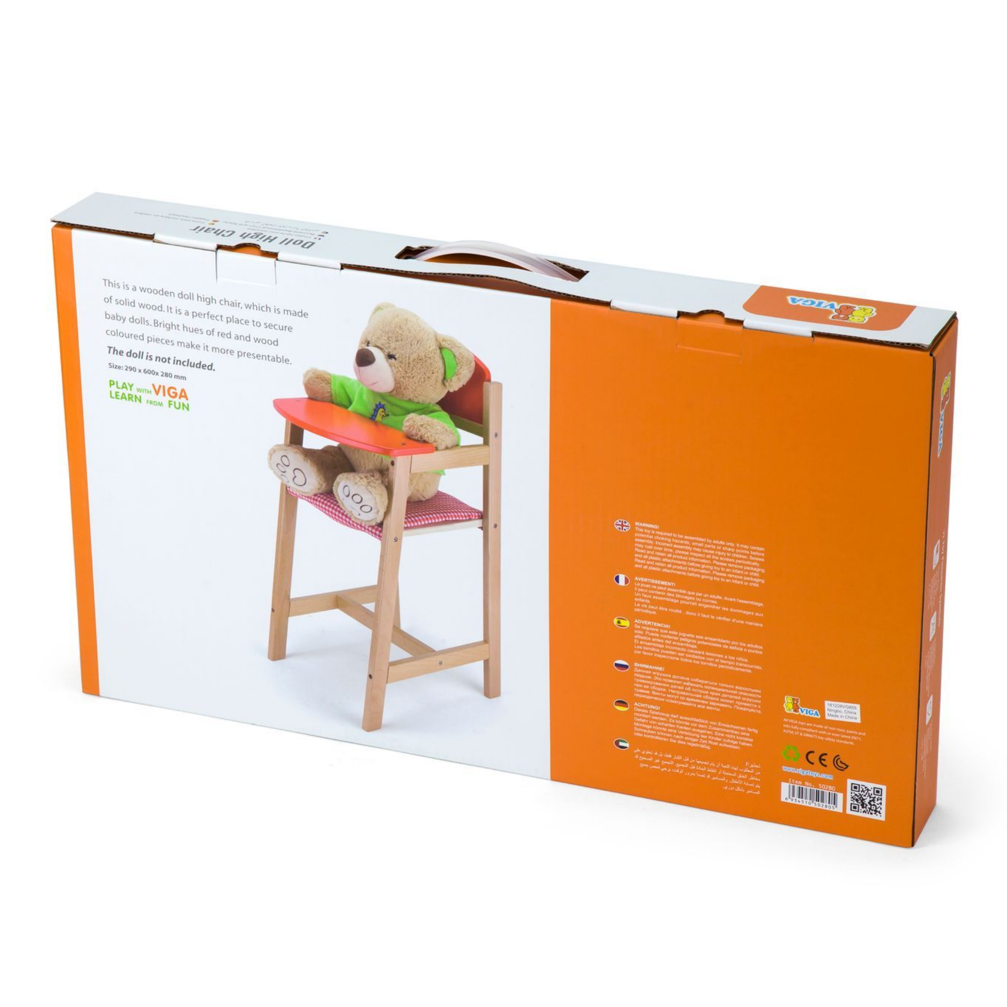 VIGA Wooden Doll High Chair  Durable Roleplay Toy for Pretend Feeding, Ages 3 and Up