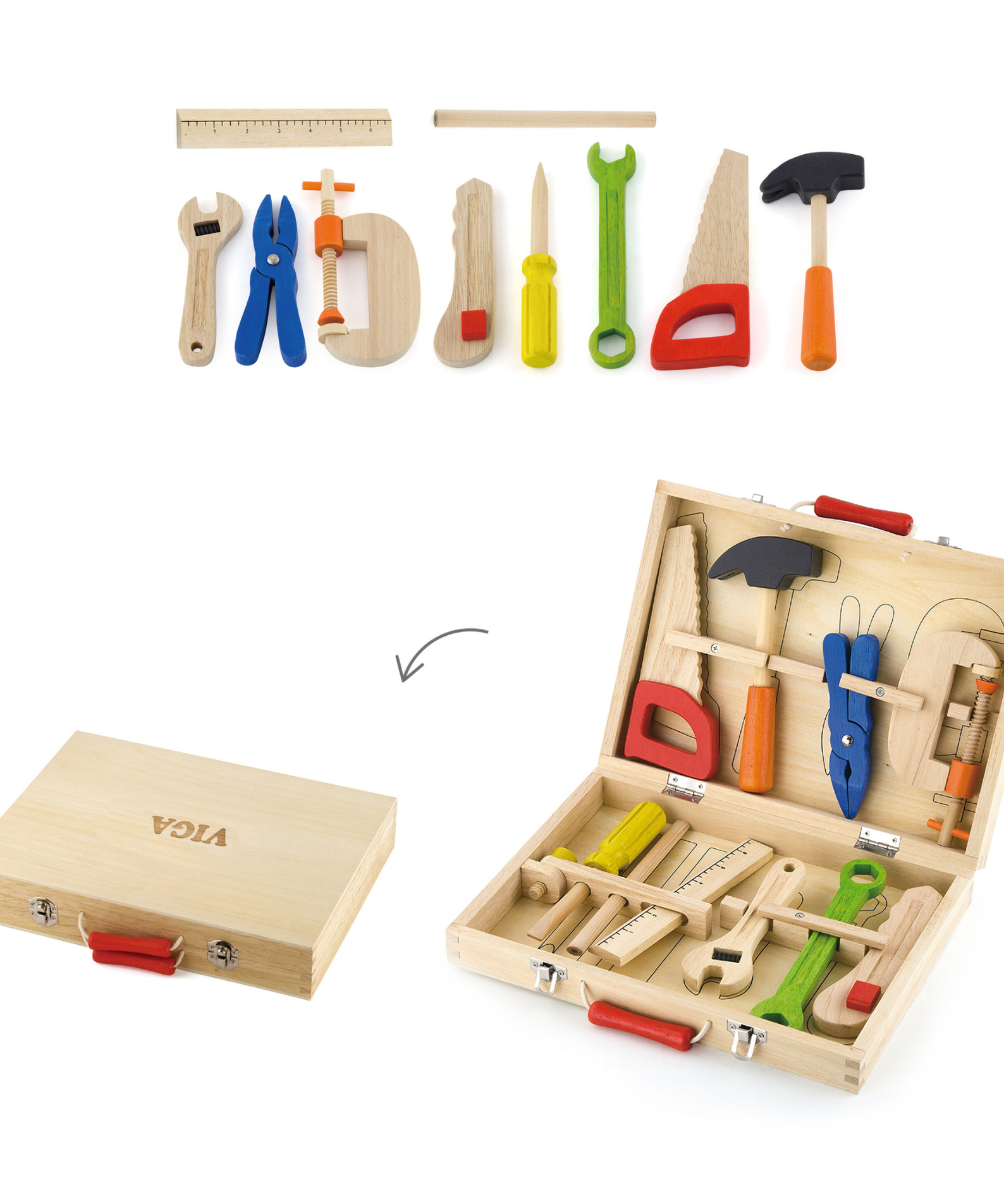 VIGA Wooden Tool Box with 10 Realistic Tools  Roleplay Set for Kids Ages 3 and Up