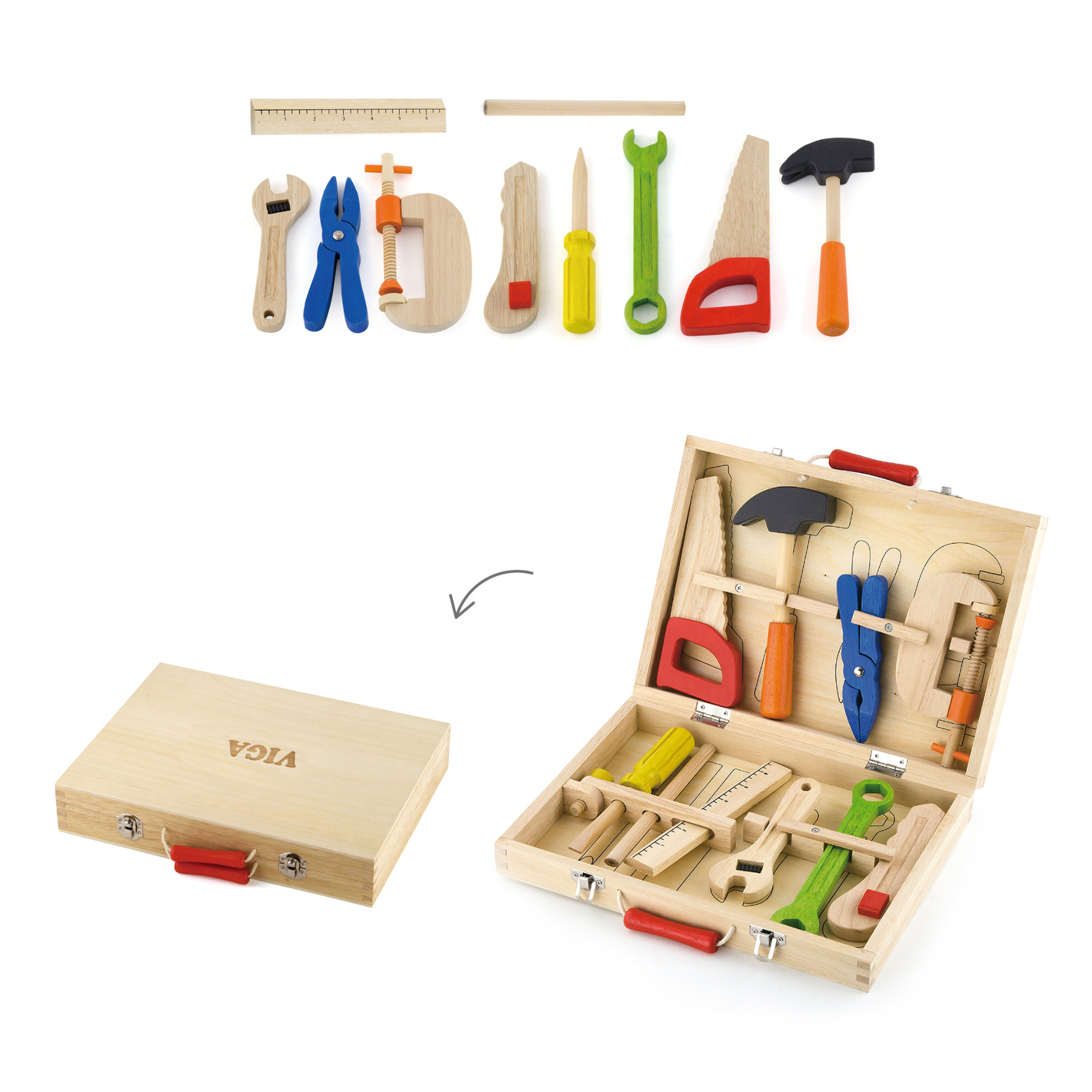 VIGA Wooden Tool Box with 10 Realistic Tools  Roleplay Set for Kids Ages 3 and Up