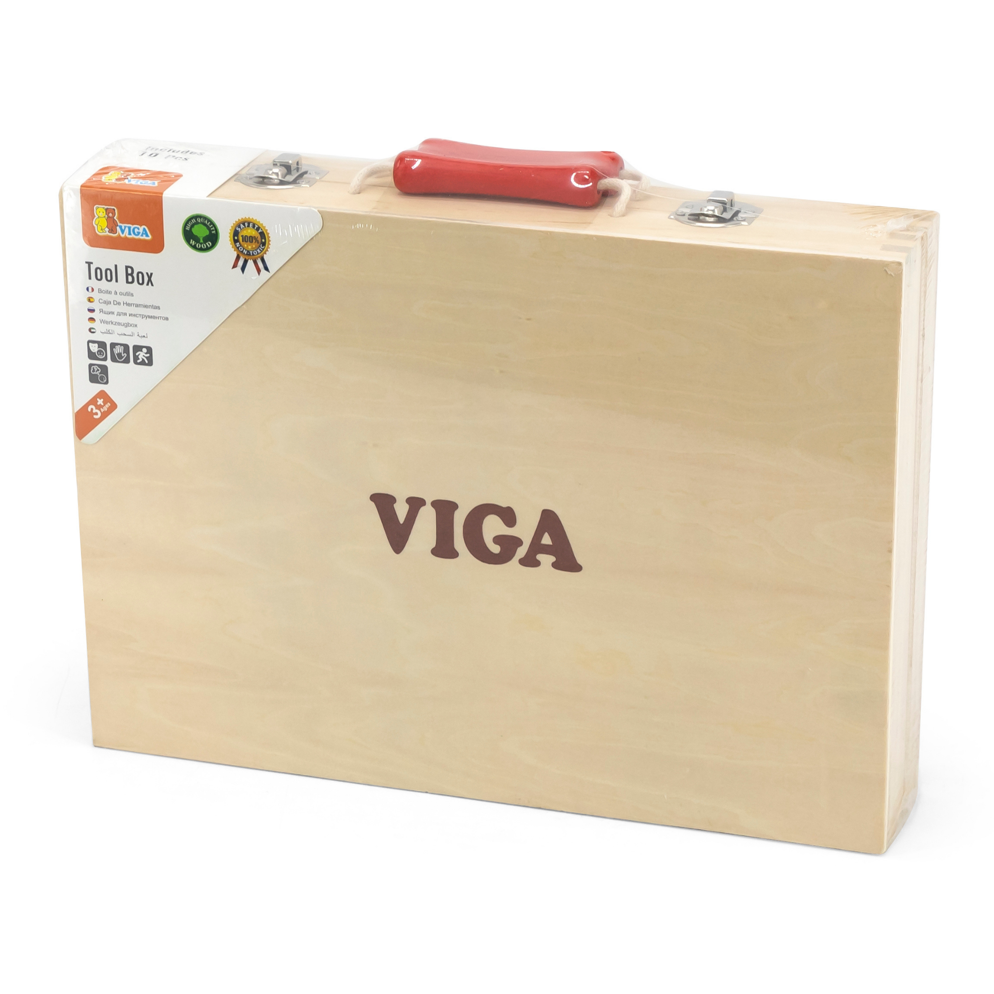 VIGA Wooden Tool Box with 10 Realistic Tools  Roleplay Set for Kids Ages 3 and Up