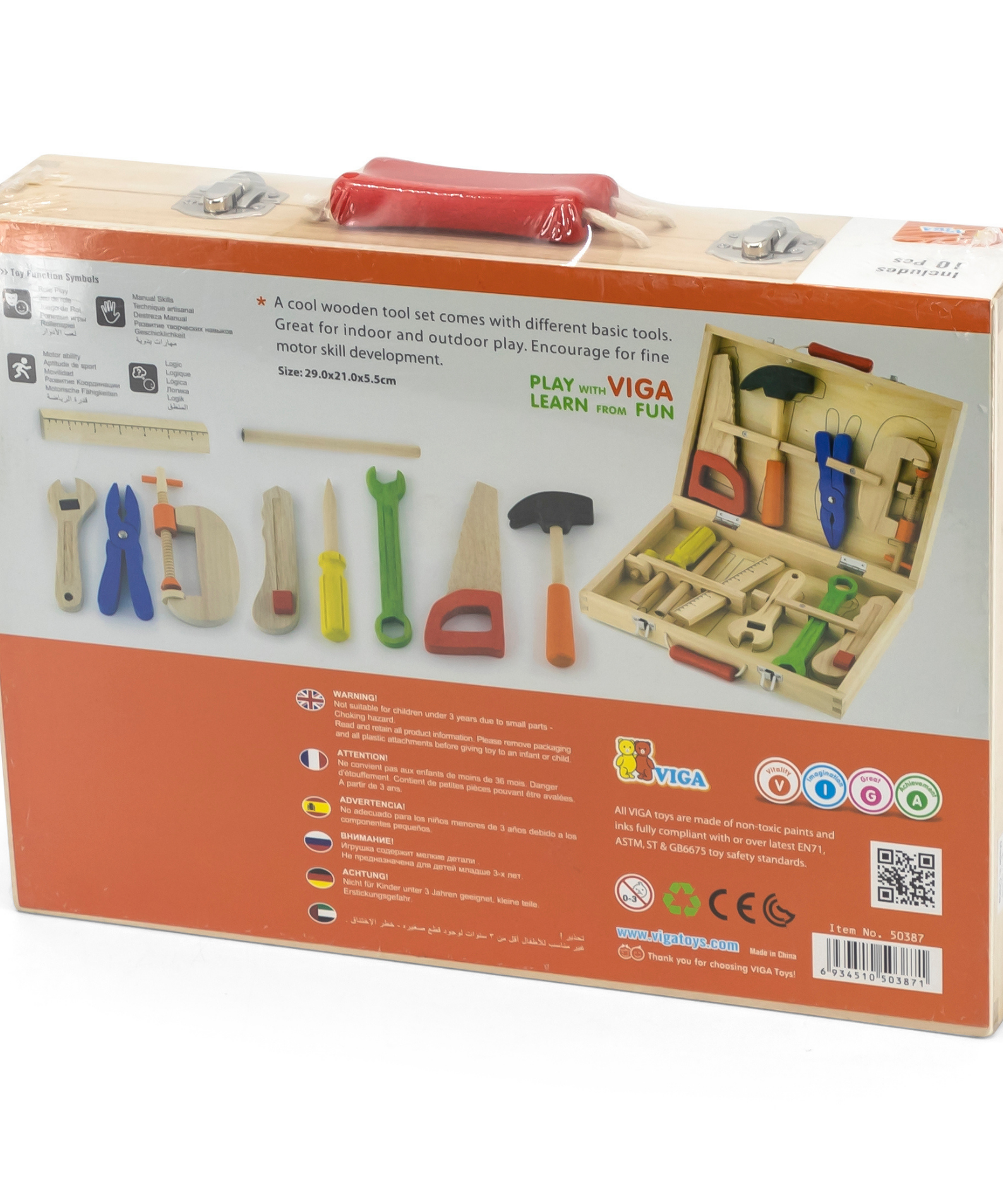 VIGA Wooden Tool Box with 10 Realistic Tools  Roleplay Set for Kids Ages 3 and Up