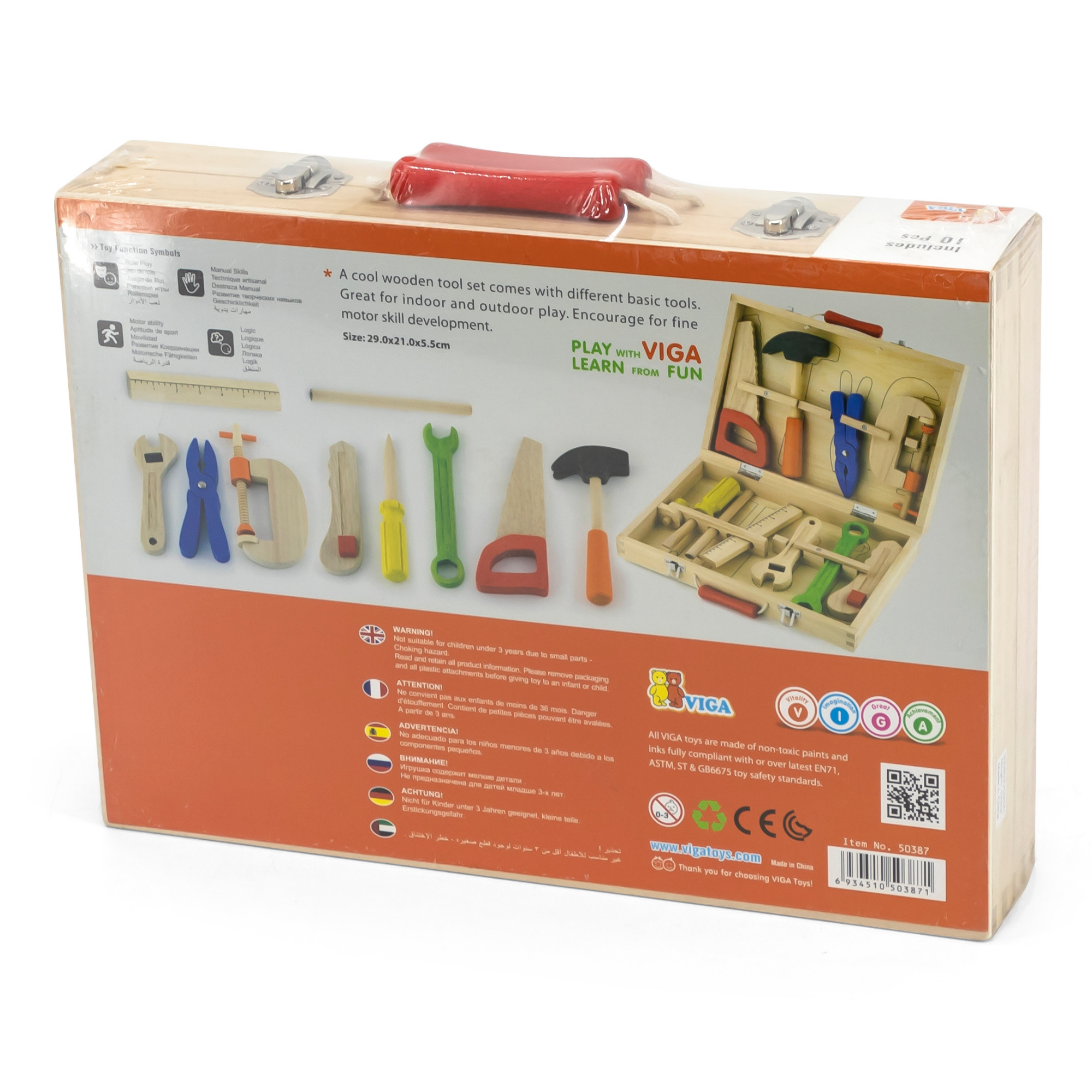 VIGA Wooden Tool Box with 10 Realistic Tools  Roleplay Set for Kids Ages 3 and Up