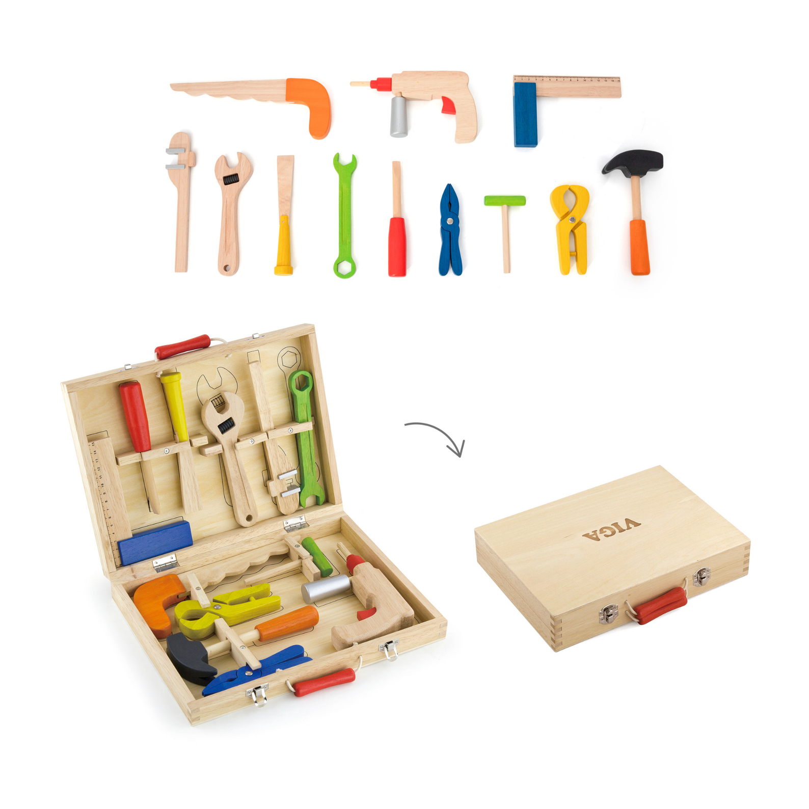 VIGA Wooden Tool Box for Kids  12 Piece Pretend Play Construction Set with Carry Case  Montessori Toy for Imaginative Learning  Ages 3 and Up