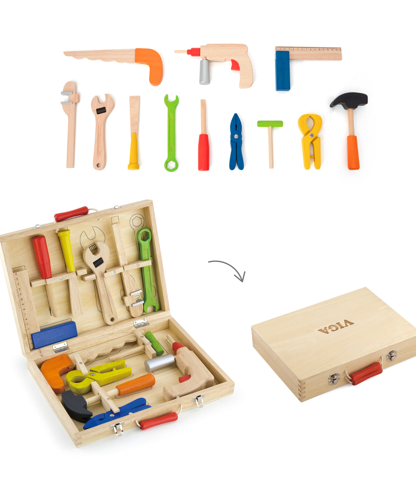 VIGA Wooden Tool Box for Kids  12 Piece Pretend Play Construction Set with Carry Case  Montessori Toy for Imaginative Learning  Ages 3 and Up