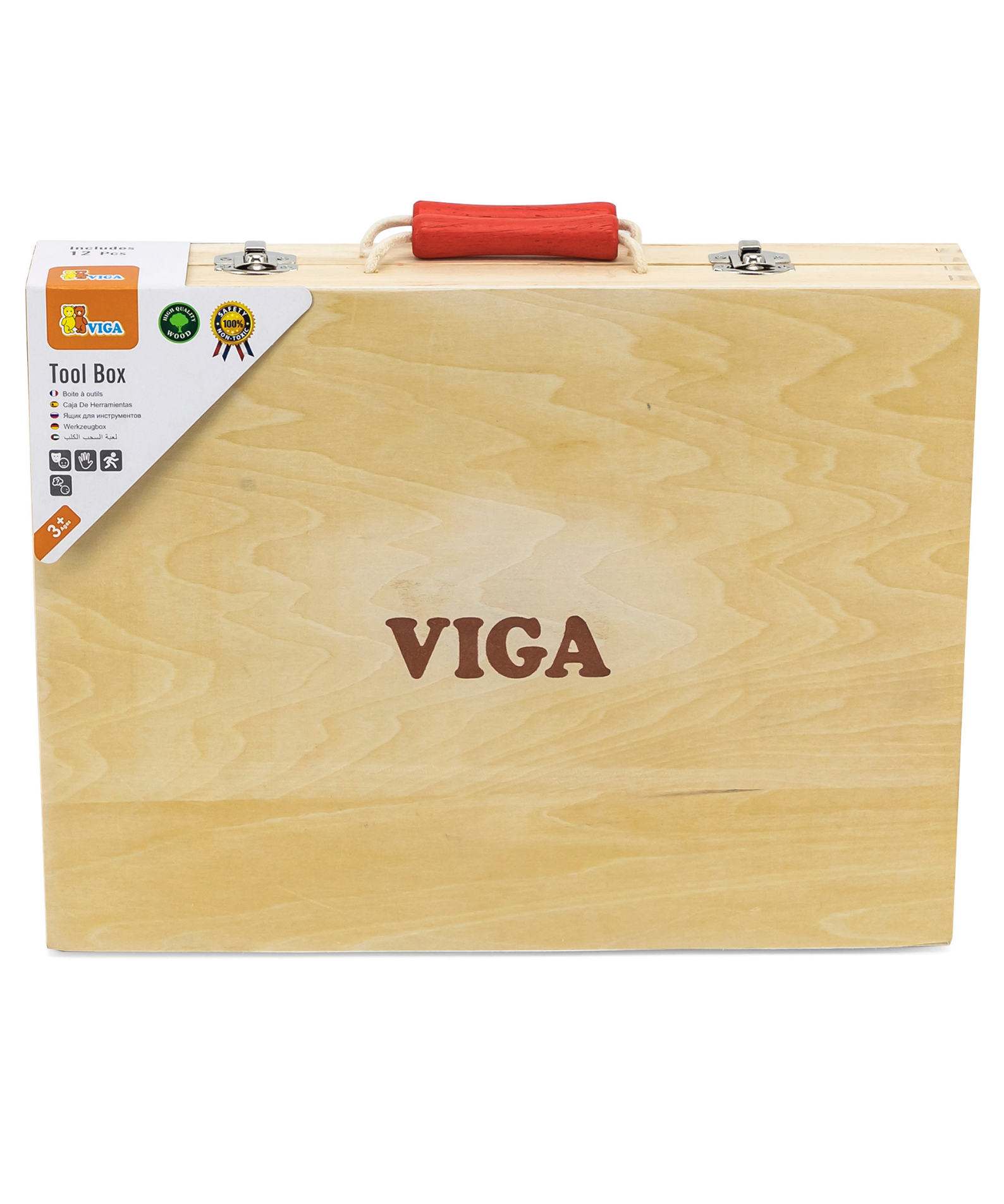 VIGA Wooden Tool Box for Kids  12 Piece Pretend Play Construction Set with Carry Case  Montessori Toy for Imaginative Learning  Ages 3 and Up